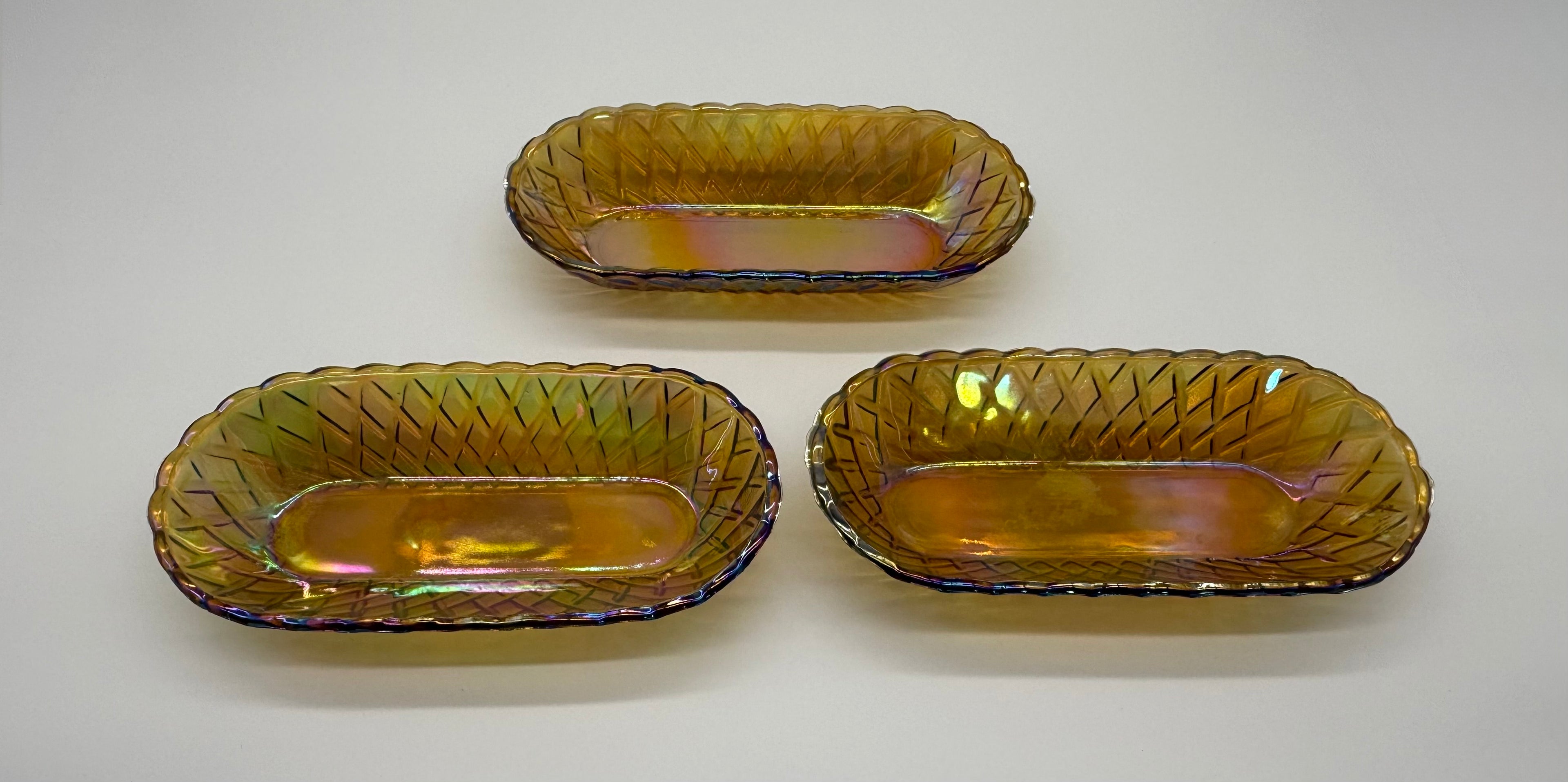 Mid 20th Century American Pressed Amber Carnival Glass Celery Dish - Set of 3