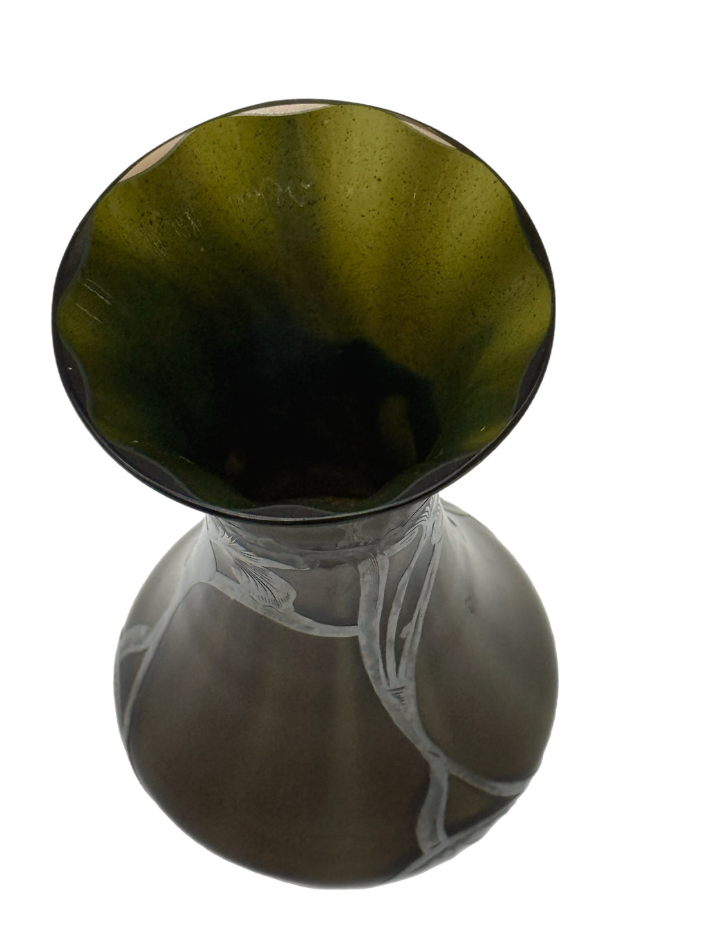 Early 20th Century Art Nouveau Green Glass Vase With Silver Floral Overlay