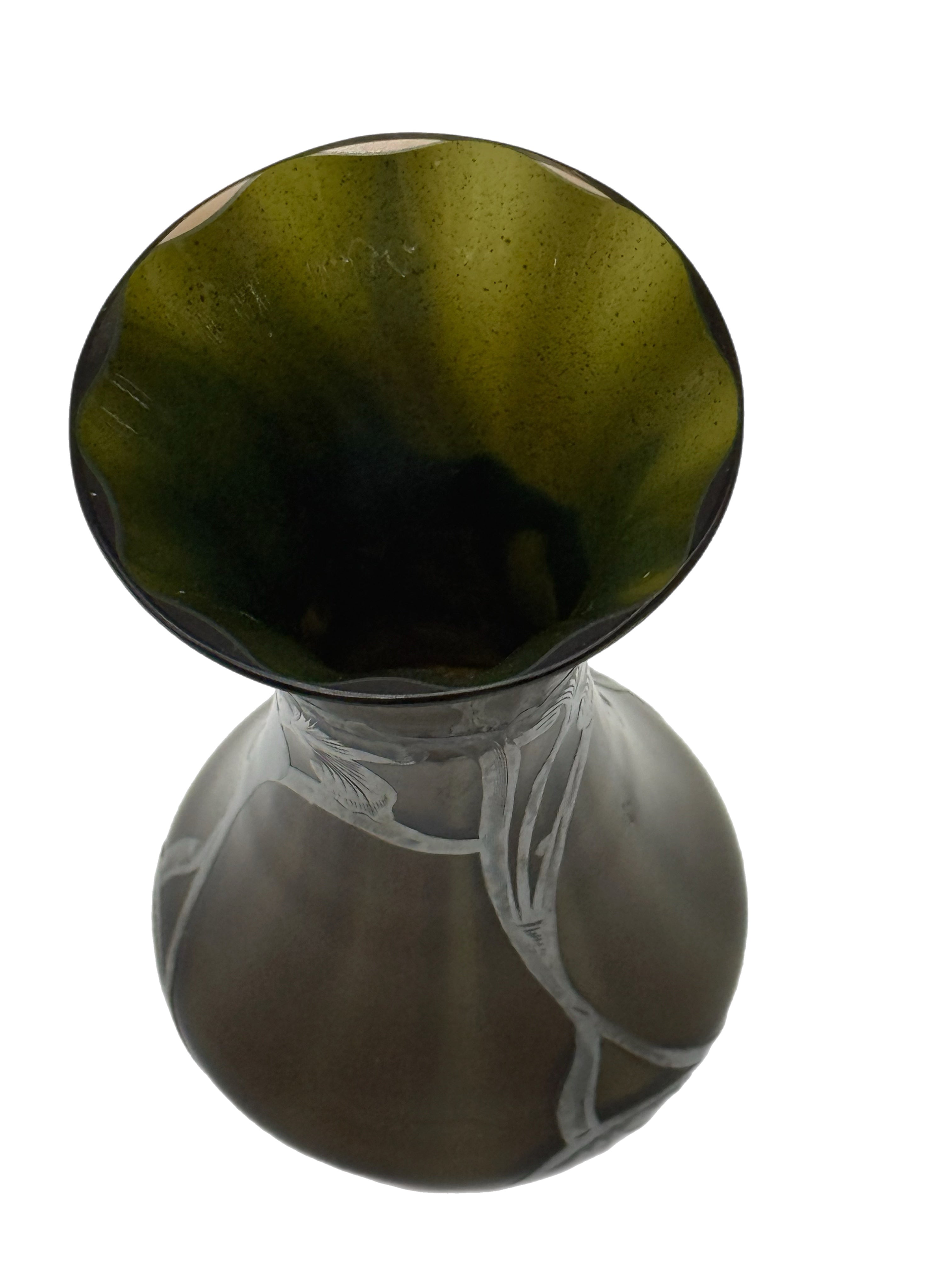 Early 20th Century Art Nouveau Green Glass Vase With Silver Floral Overlay