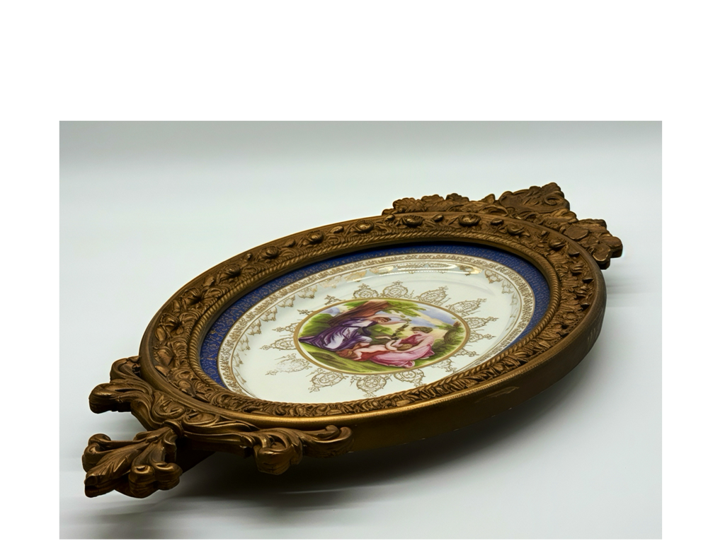 1960s Large Ornately Carved Gilt Framed 22kt Gold Classical Porcelain Plaque, Atlas International