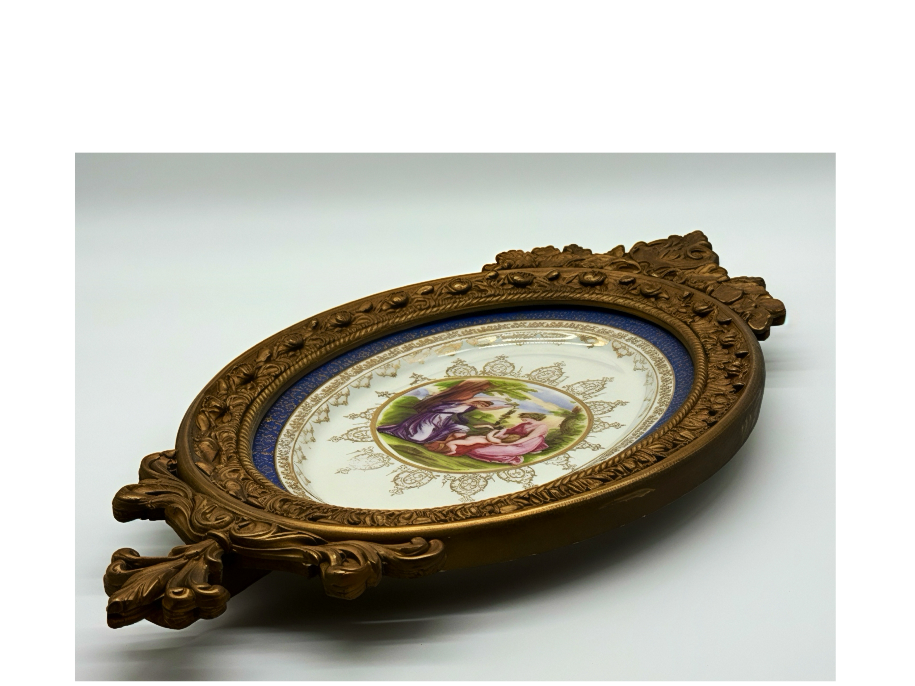 1960s Large Ornately Carved Gilt Framed 22kt Gold Classical Porcelain Plaque, Atlas International