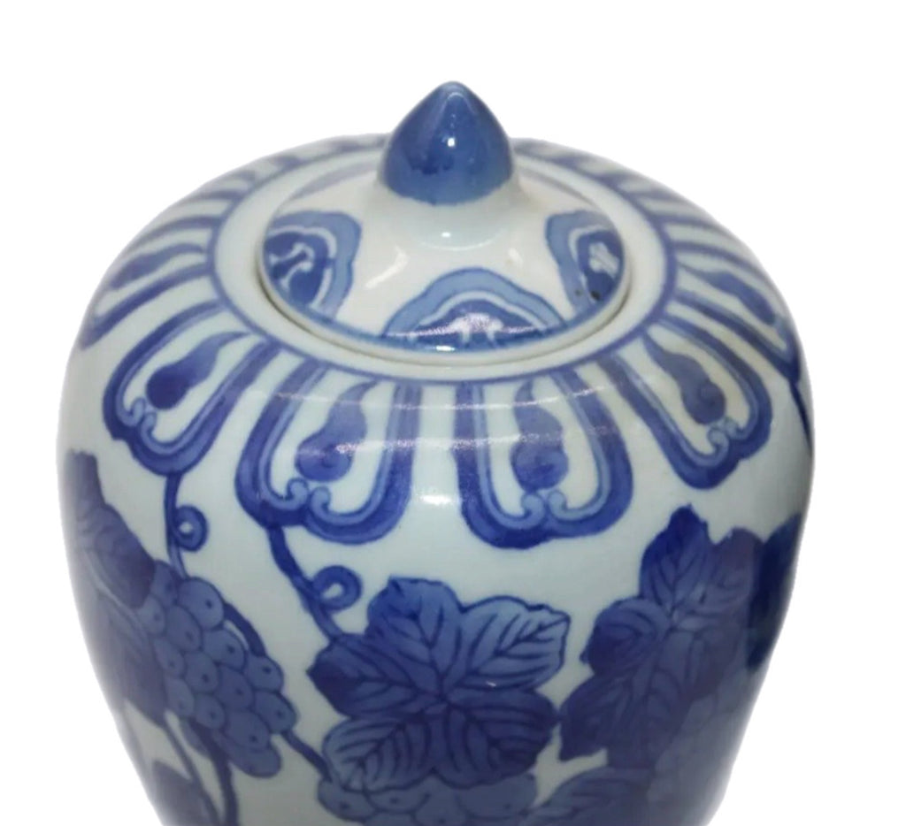 Pair of Vintage Chinese Qing Dynasty Blue and White Grape Leaf Motif Jars