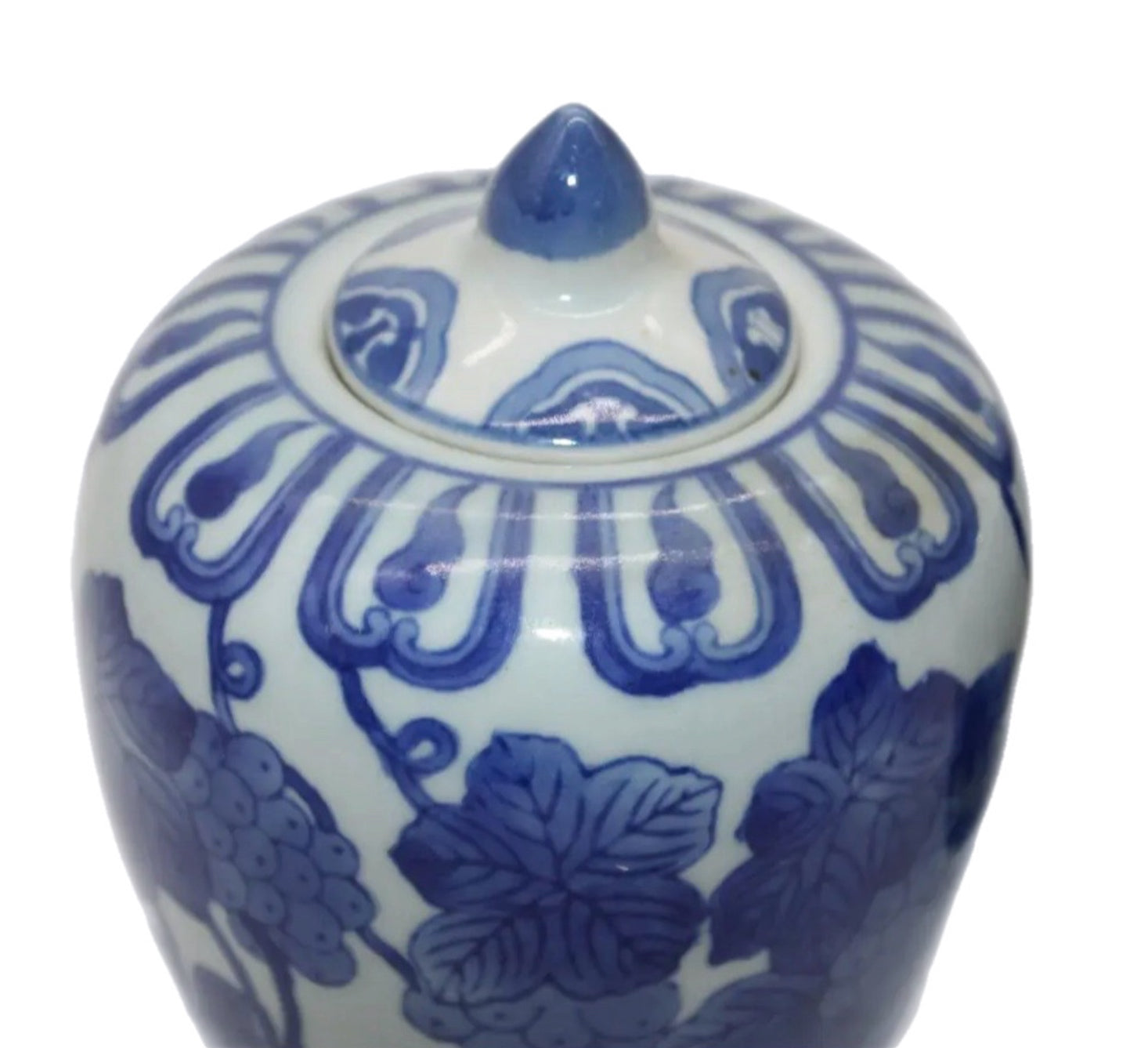 Pair of Vintage Chinese Qing Dynasty Blue and White Grape Leaf Motif Jars