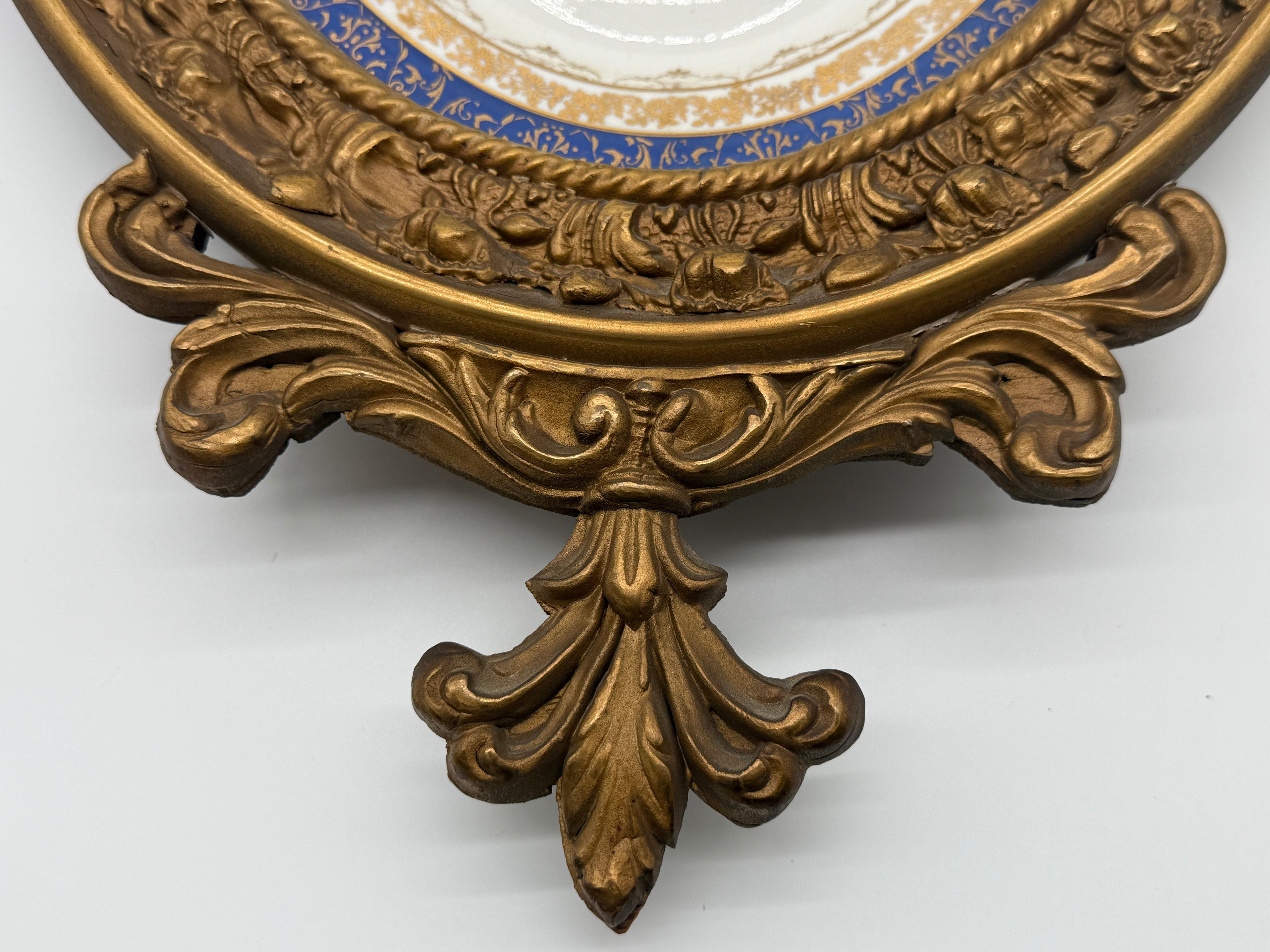 1960s Large Ornately Carved Gilt Framed 22kt Gold Classical Porcelain Plaque, Atlas International