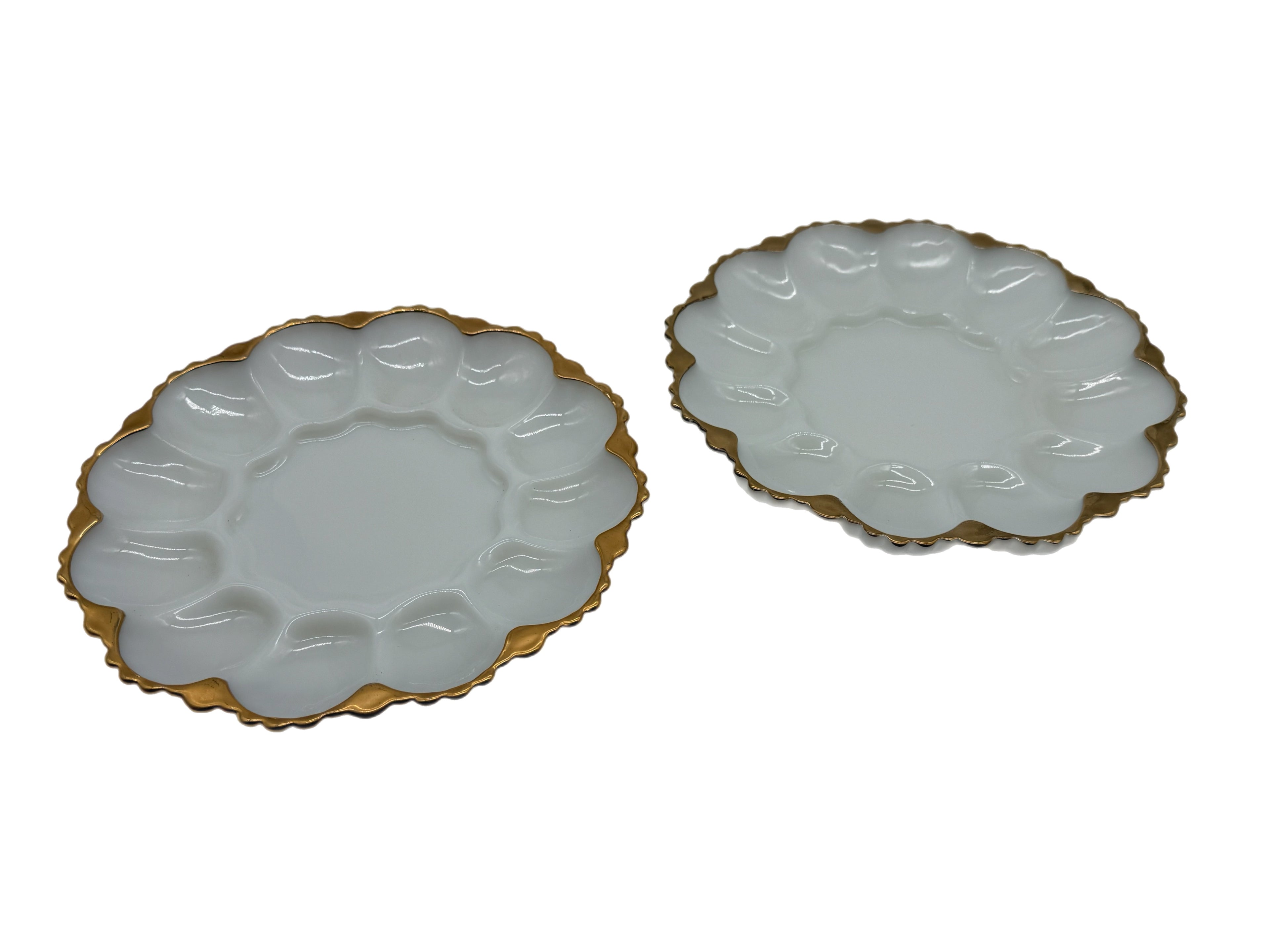 Mid-Century Anchor Hocking Fire King Milk Glass Deviled Egg Plate Pair, rimmed in 22kt Gold