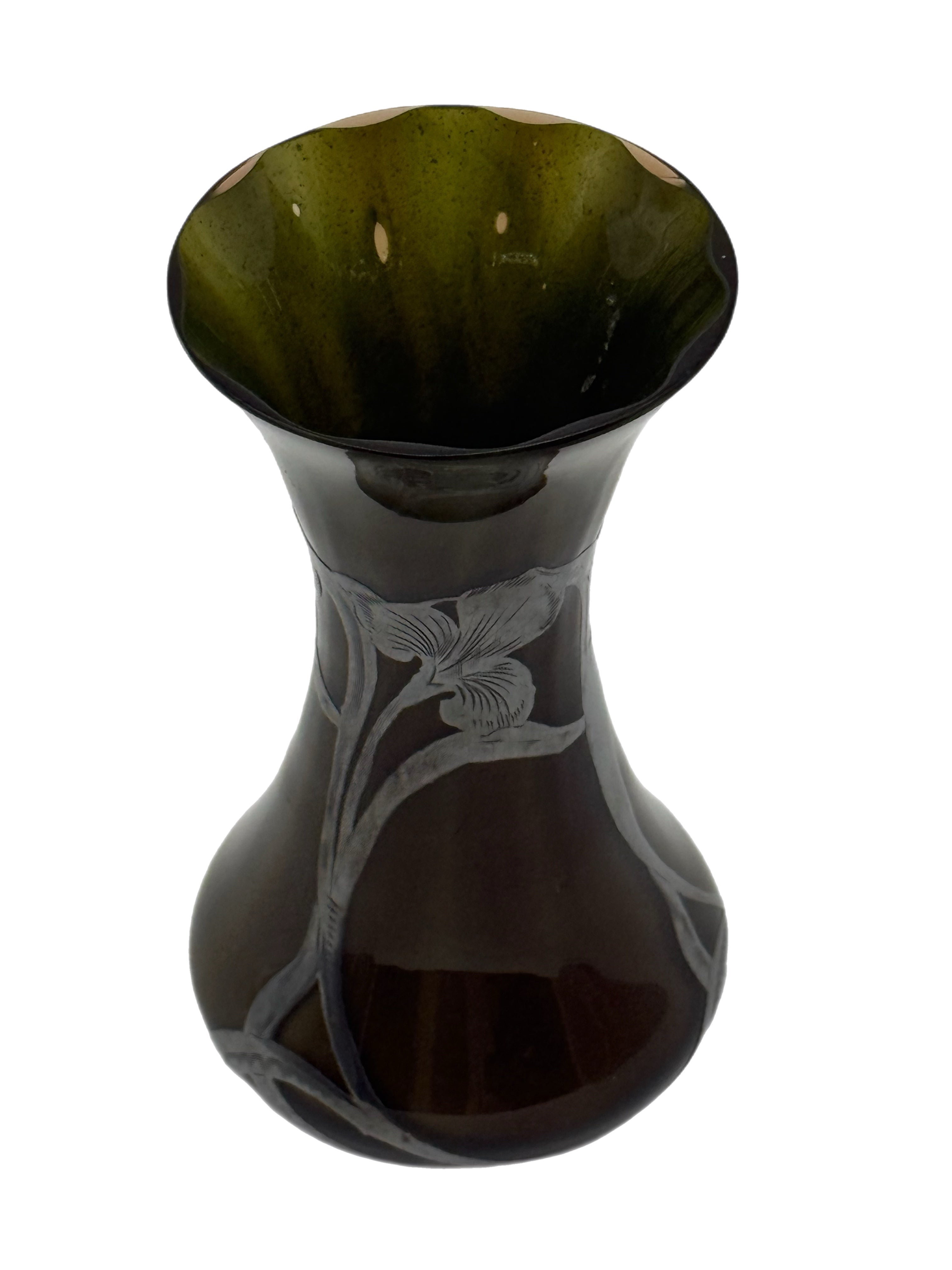 Early 20th Century Art Nouveau Green Glass Vase With Silver Floral Overlay