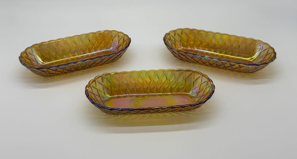 Mid 20th Century American Pressed Amber Carnival Glass Celery Dish - Set of 3