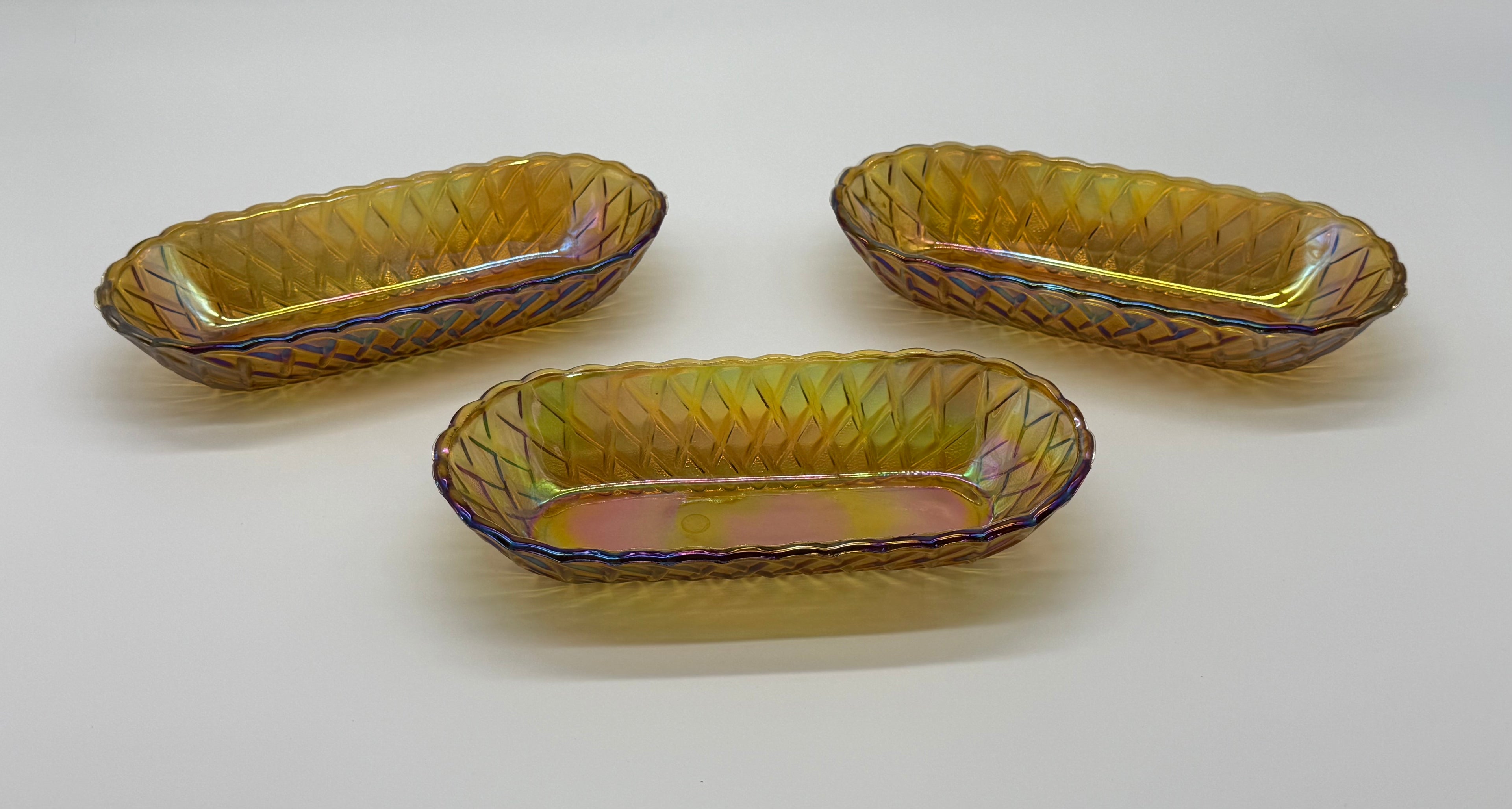Mid 20th Century American Pressed Amber Carnival Glass Celery Dish - Set of 3