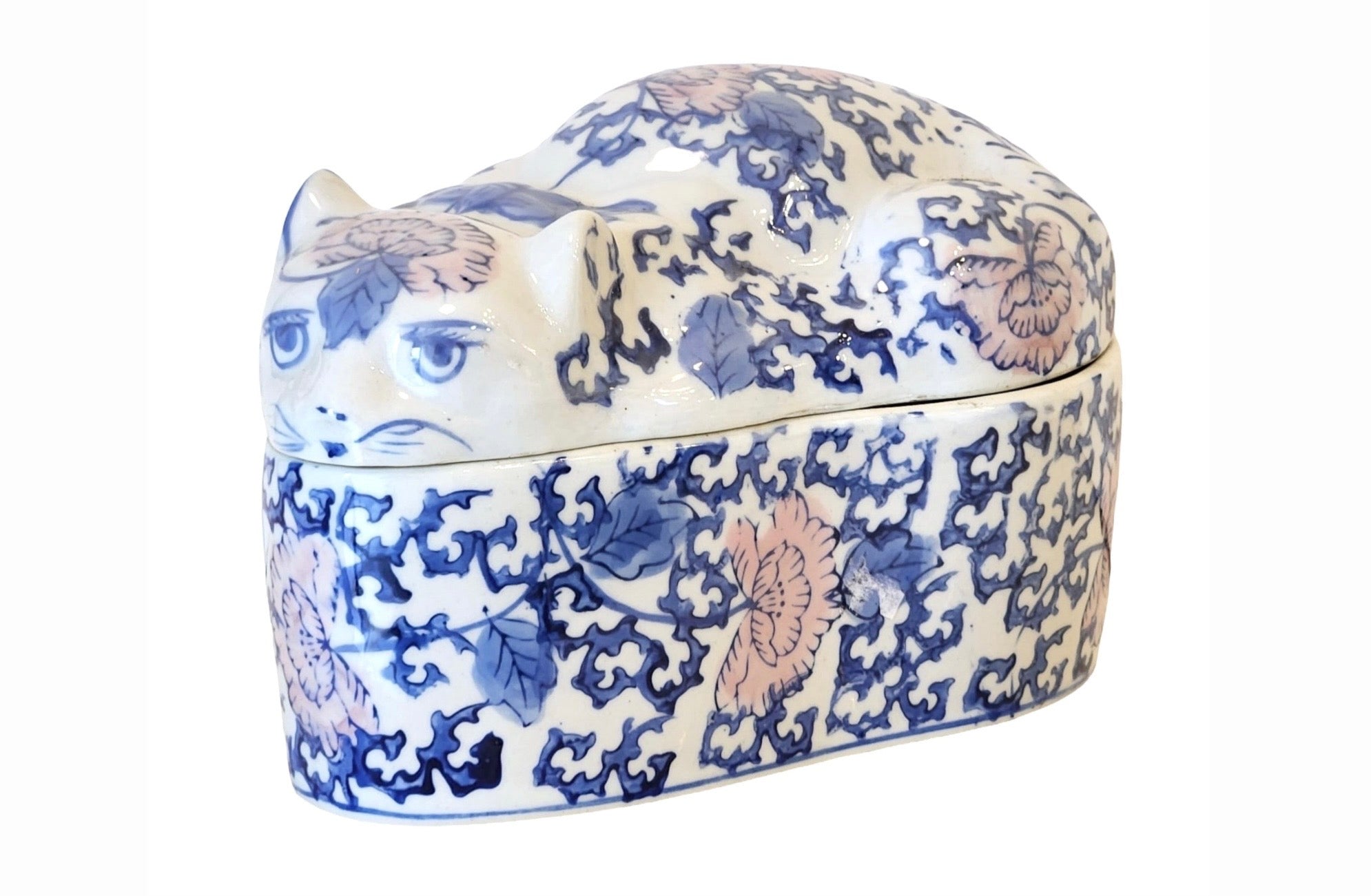 Vintage Chinese Porcelain Cat-Shaped Box With Scrolling Floral Design