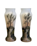 Pair of Early 20th Century Frosted Glass Vases With Hand-Painted Landscapes