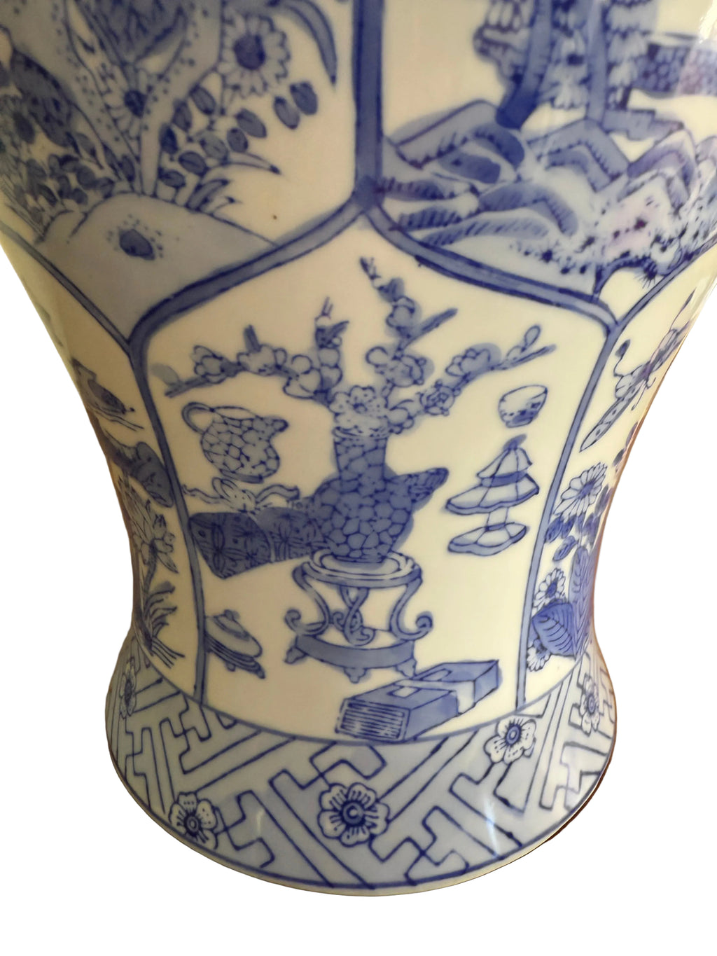 Large Vintage Baluster Form Blue and White Honeycomb Chinoiserie Vase With Fitted Lid