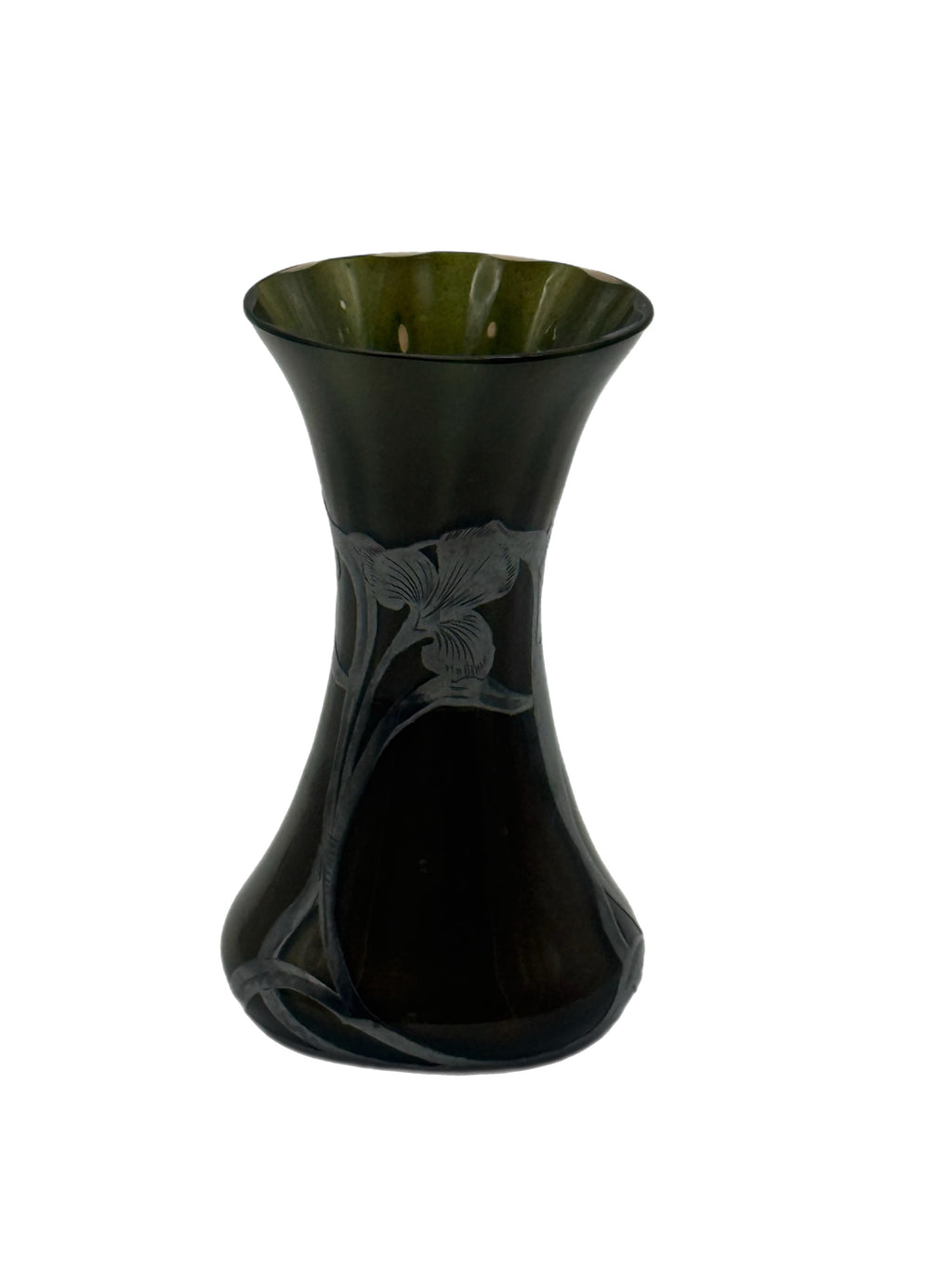 Early 20th Century Art Nouveau Green Glass Vase With Silver Floral Overlay