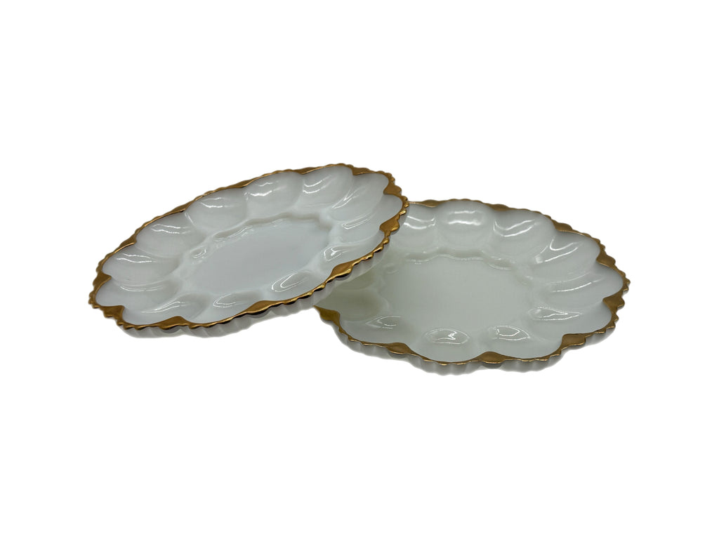 Mid-Century Anchor Hocking Fire King Milk Glass Deviled Egg Plate Pair, rimmed in 22kt Gold