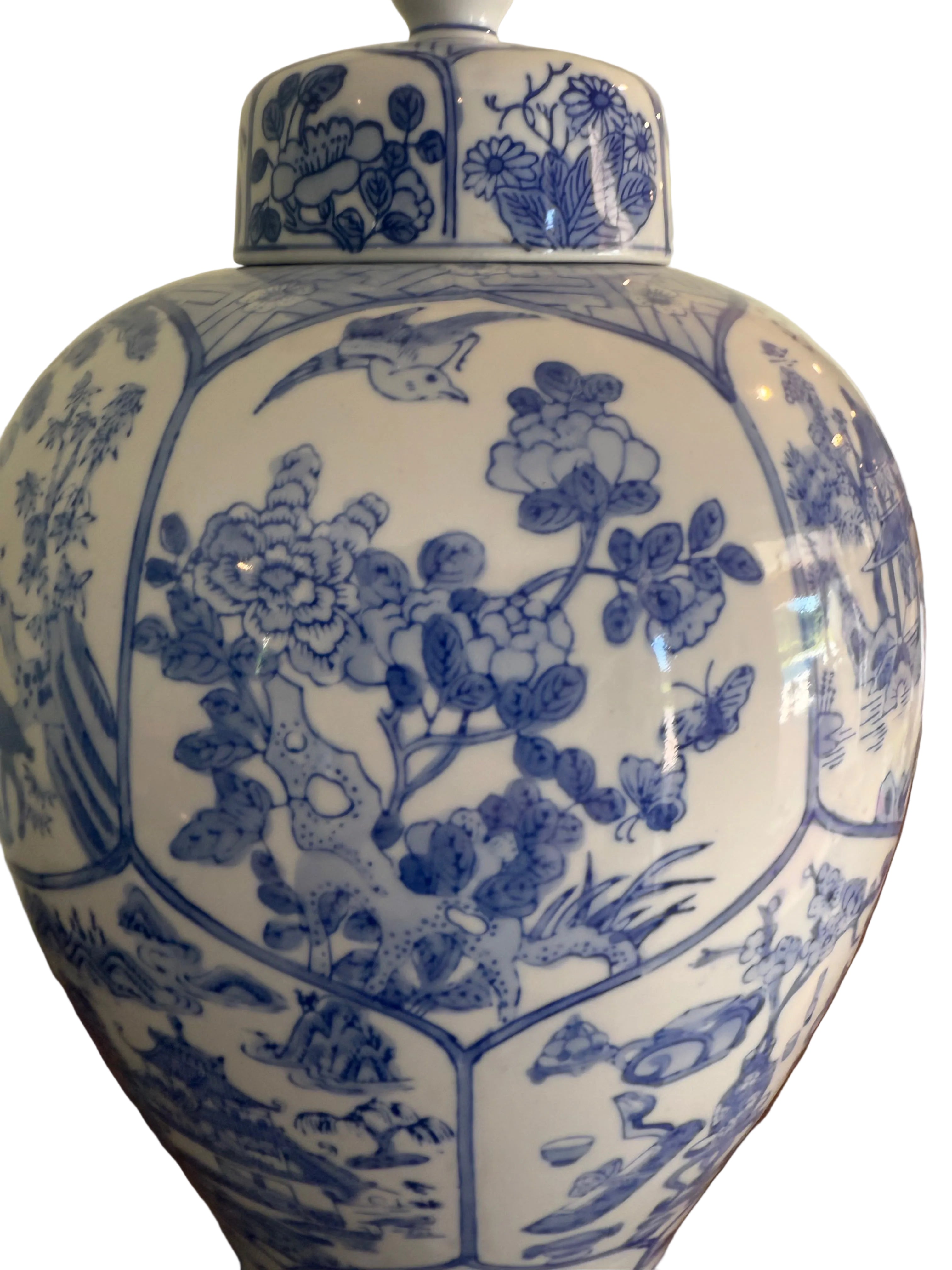 Large Vintage Baluster Form Blue and White Honeycomb Chinoiserie Vase With Fitted Lid