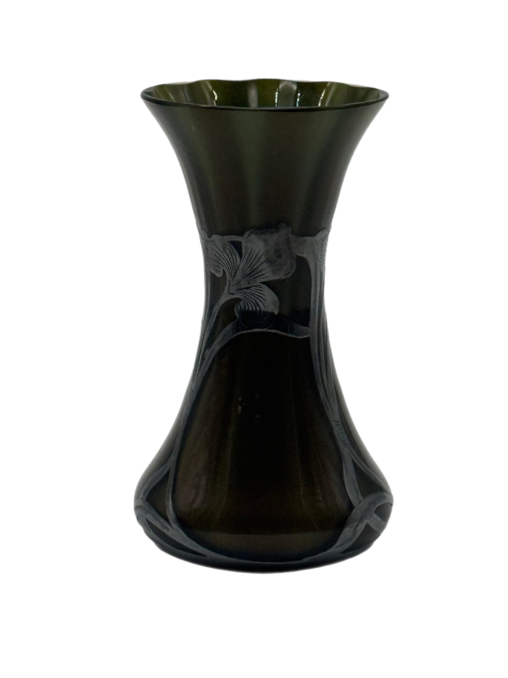 Early 20th Century Art Nouveau Green Glass Vase With Silver Floral Overlay