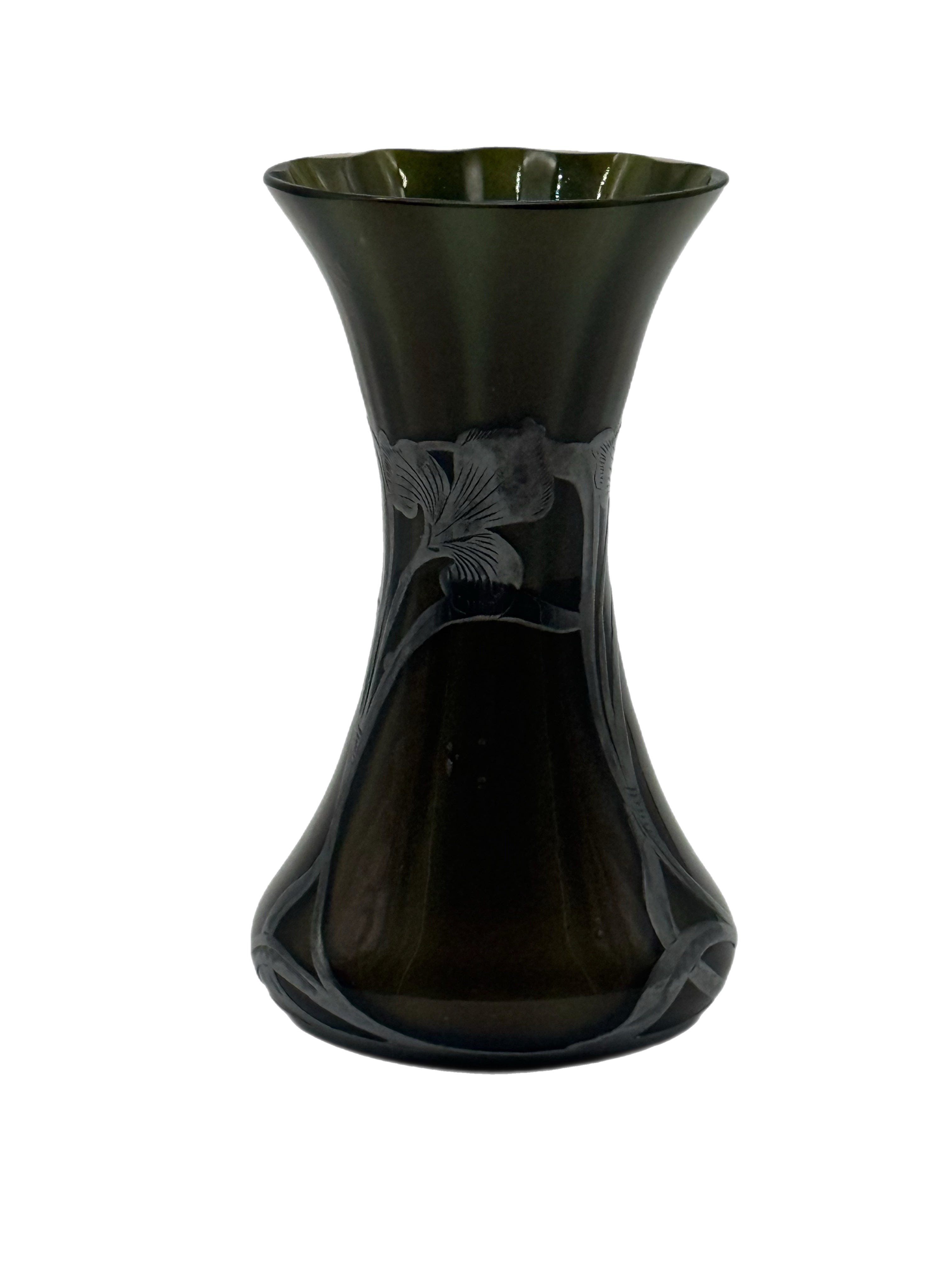 Early 20th Century Art Nouveau Green Glass Vase With Silver Floral Overlay
