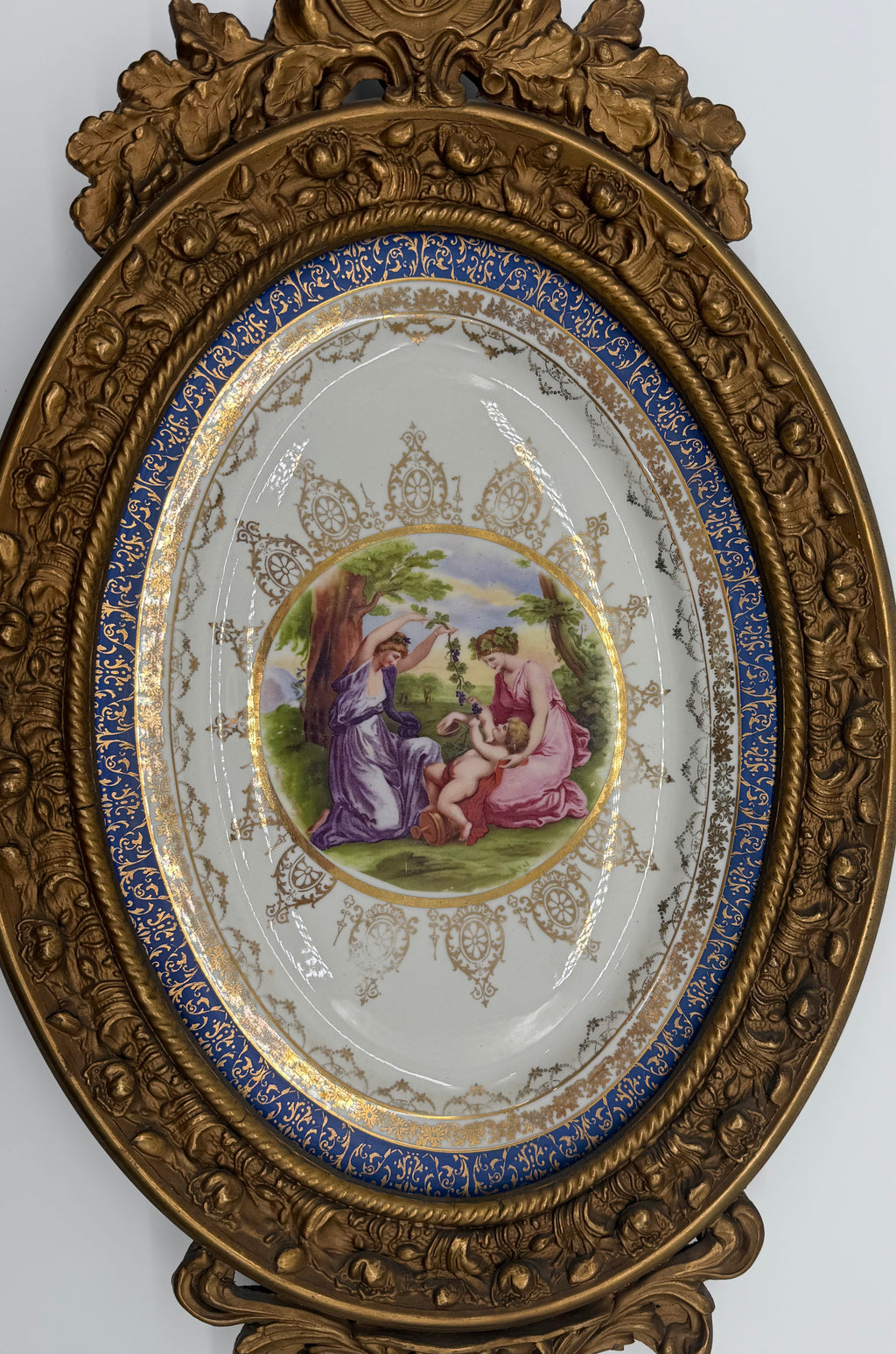 1960s Large Ornately Carved Gilt Framed 22kt Gold Classical Porcelain Plaque, Atlas International