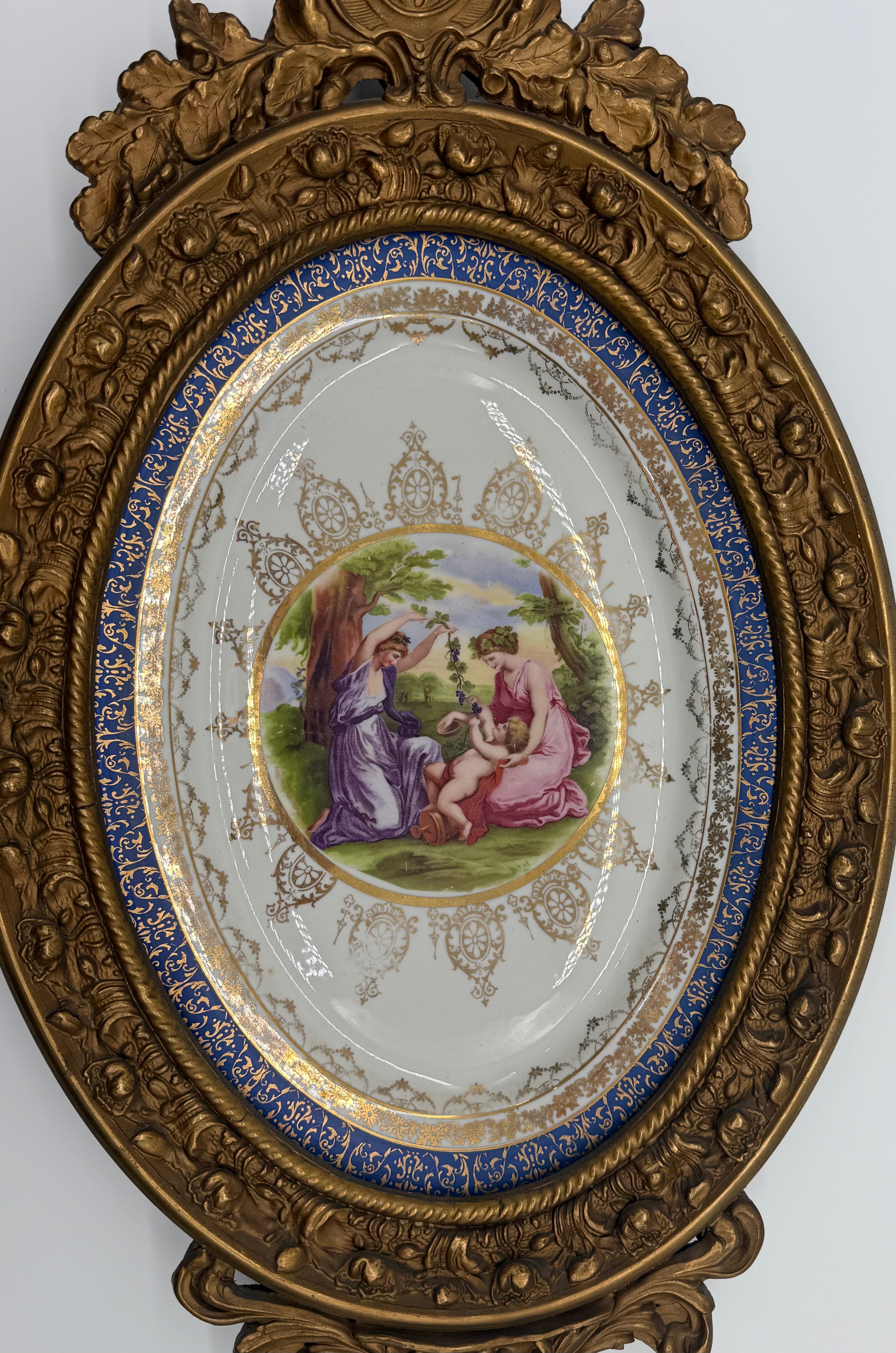 1960s Large Ornately Carved Gilt Framed 22kt Gold Classical Porcelain Plaque, Atlas International