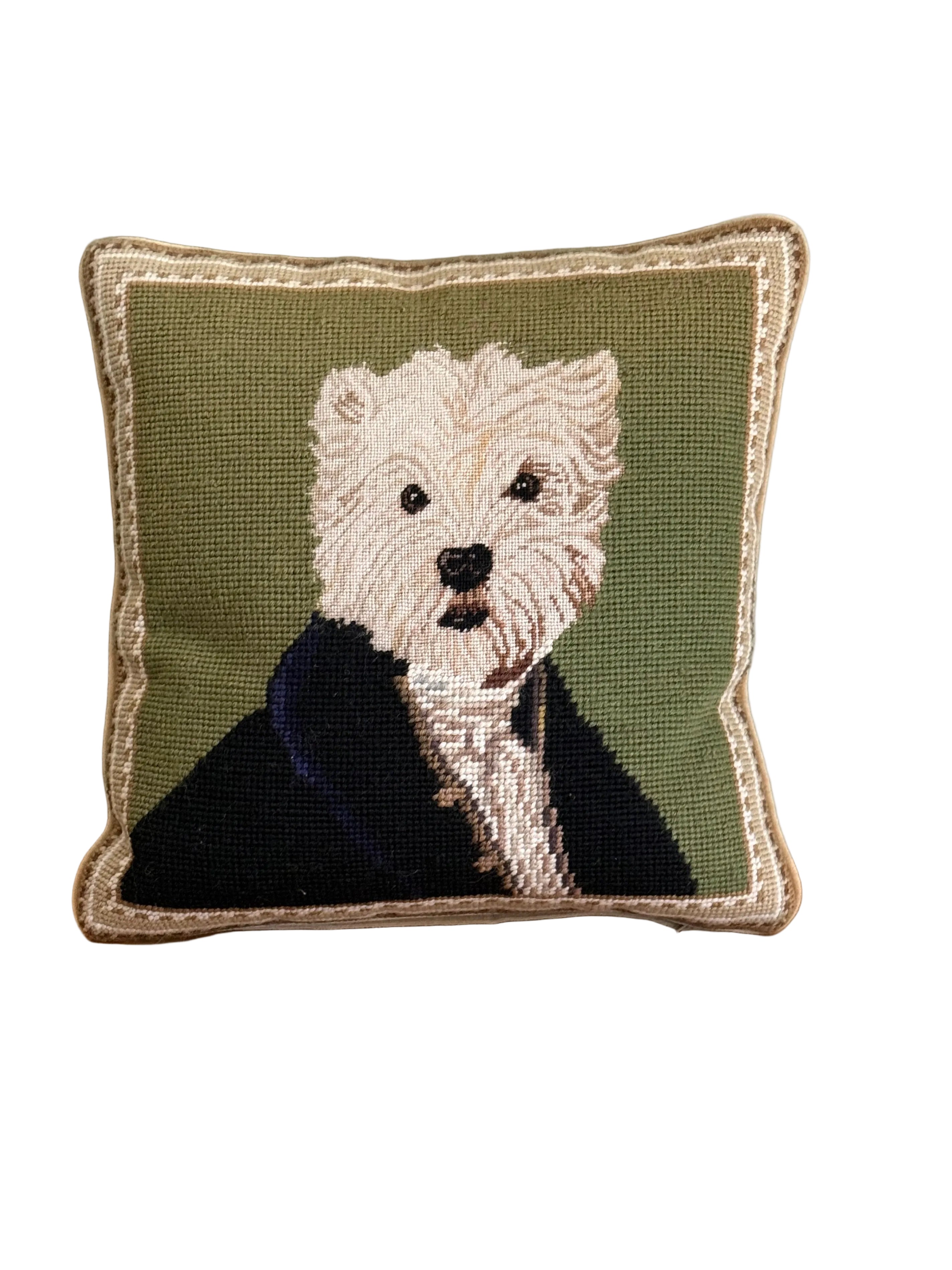 Vintage Needlepoint Uniformed West Highland Terrier Decorative Accent Pillow With Down Insert