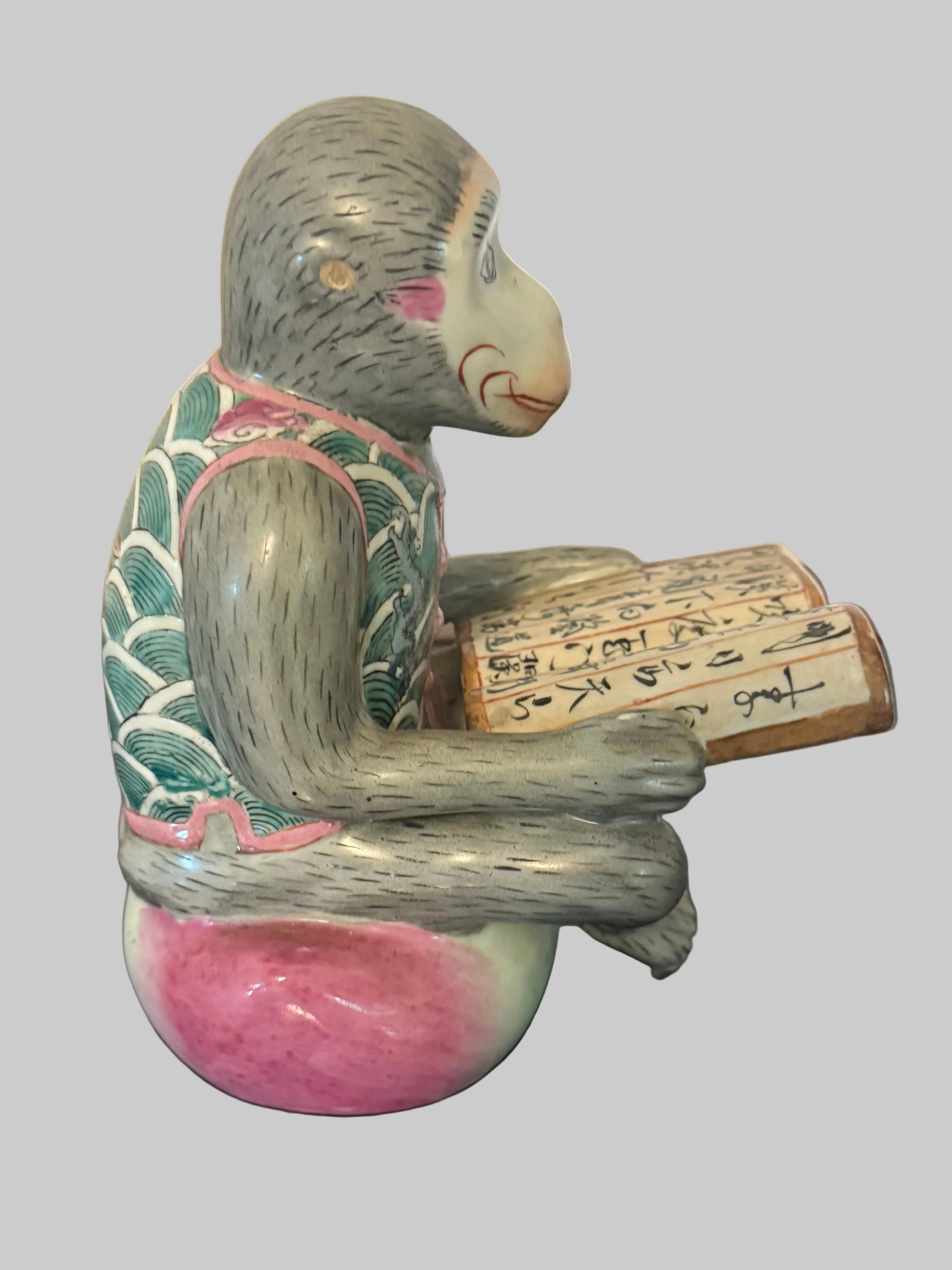 Chinese Porcelain Famille Rose Seated Monkey 7”