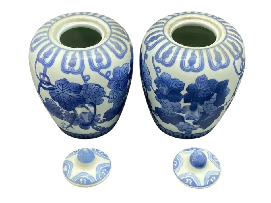Pair of Vintage Chinese Qing Dynasty Blue and White Grape Leaf Motif Jars