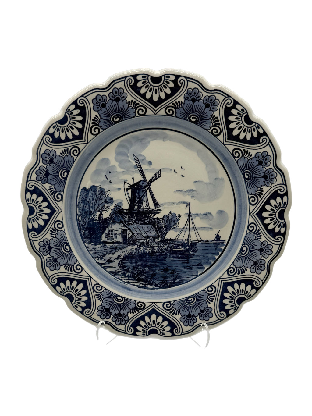 Delft Blue Hand-Painted Windmill Landscape Decorative Plate with Scalloped Floral Border