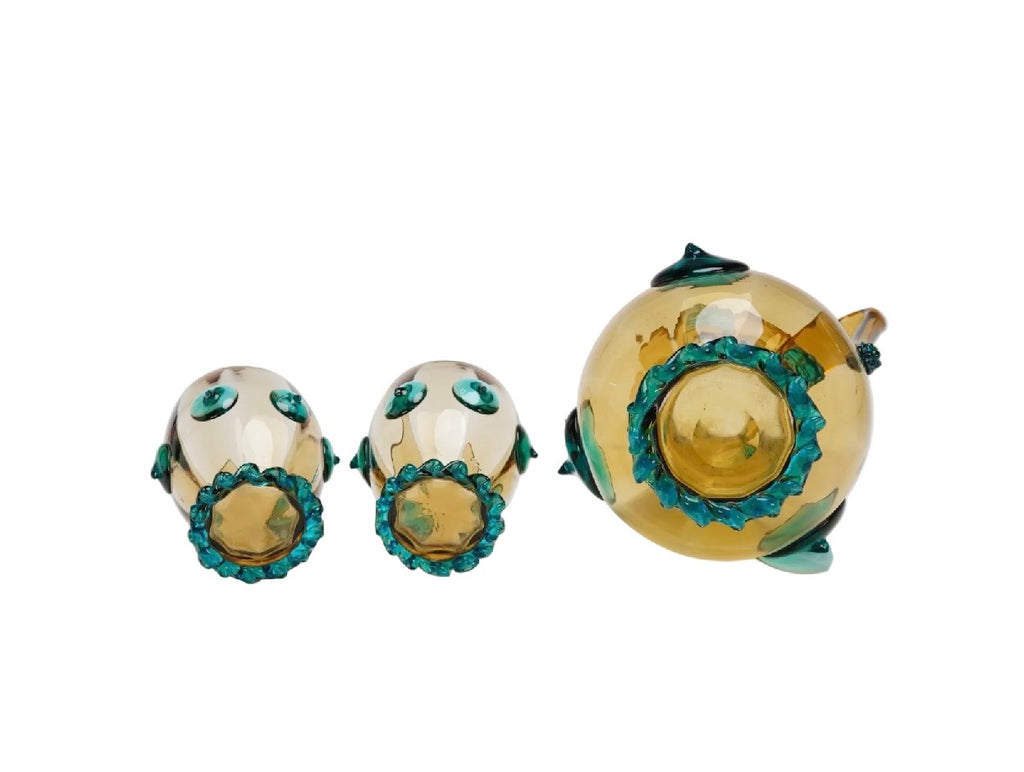 Early 20th Century Amber and Teal Blown Glass Pitcher With 2 Matching Tumblers