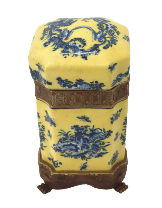 Vintage Wong Lee 1895 Chinoiserie Rococco Yellow & Blue Porcelain Ormolu Bronze Decorative Container