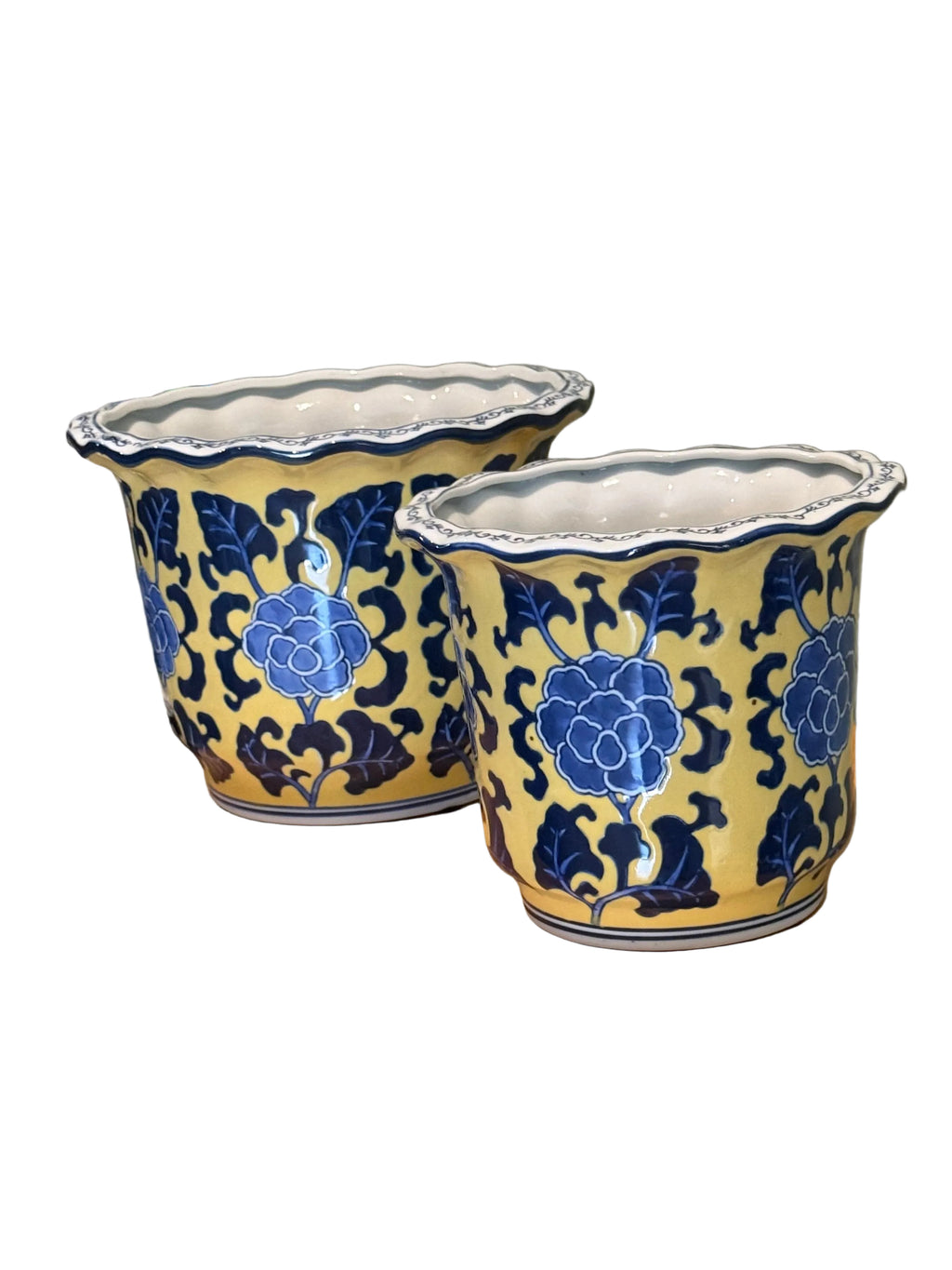 Late 20th Century Matching Pair of Yellow and Blue Chinoiserie Cachepot / Planters