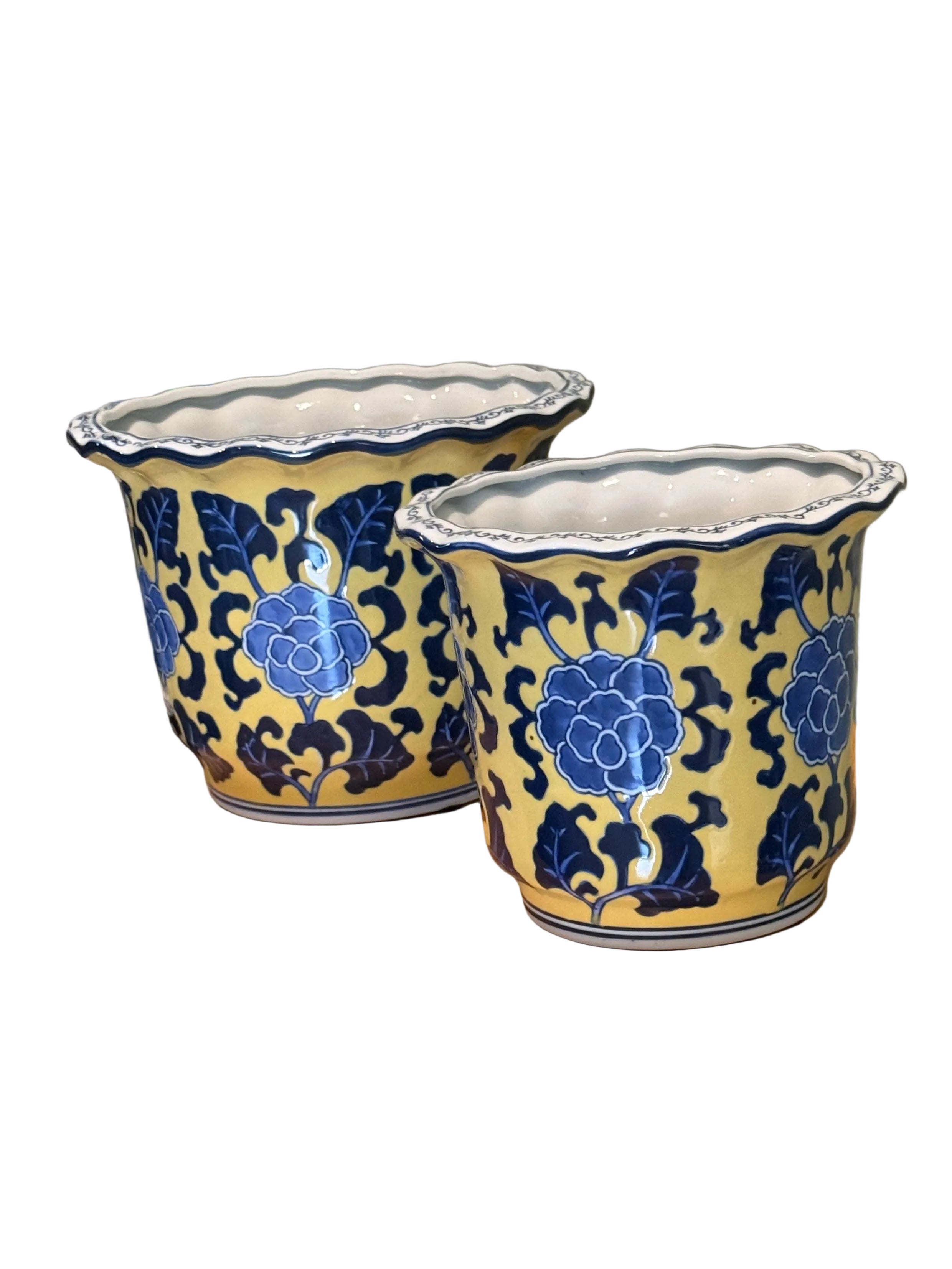Late 20th Century Matching Pair of Yellow and Blue Chinoiserie Cachepot / Planters