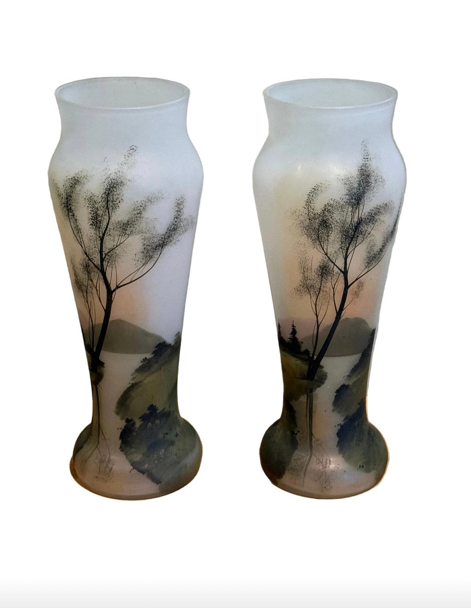 Pair of Early 20th Century Frosted Glass Vases With Hand-Painted Landscapes