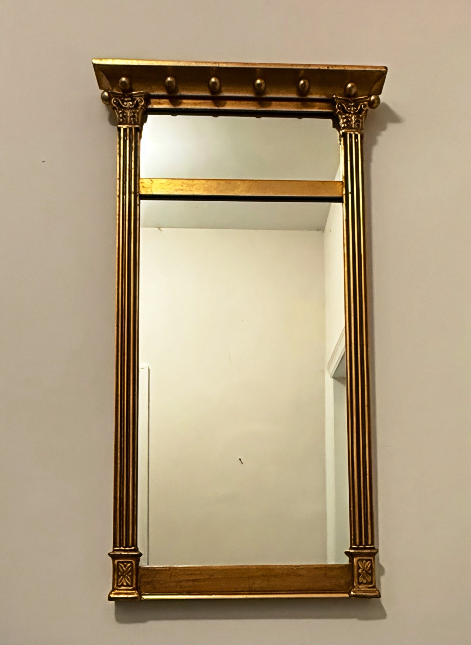 Vintage Continental Federal Style Gilt Neoclassical Wall Mirror With Fluted Columns