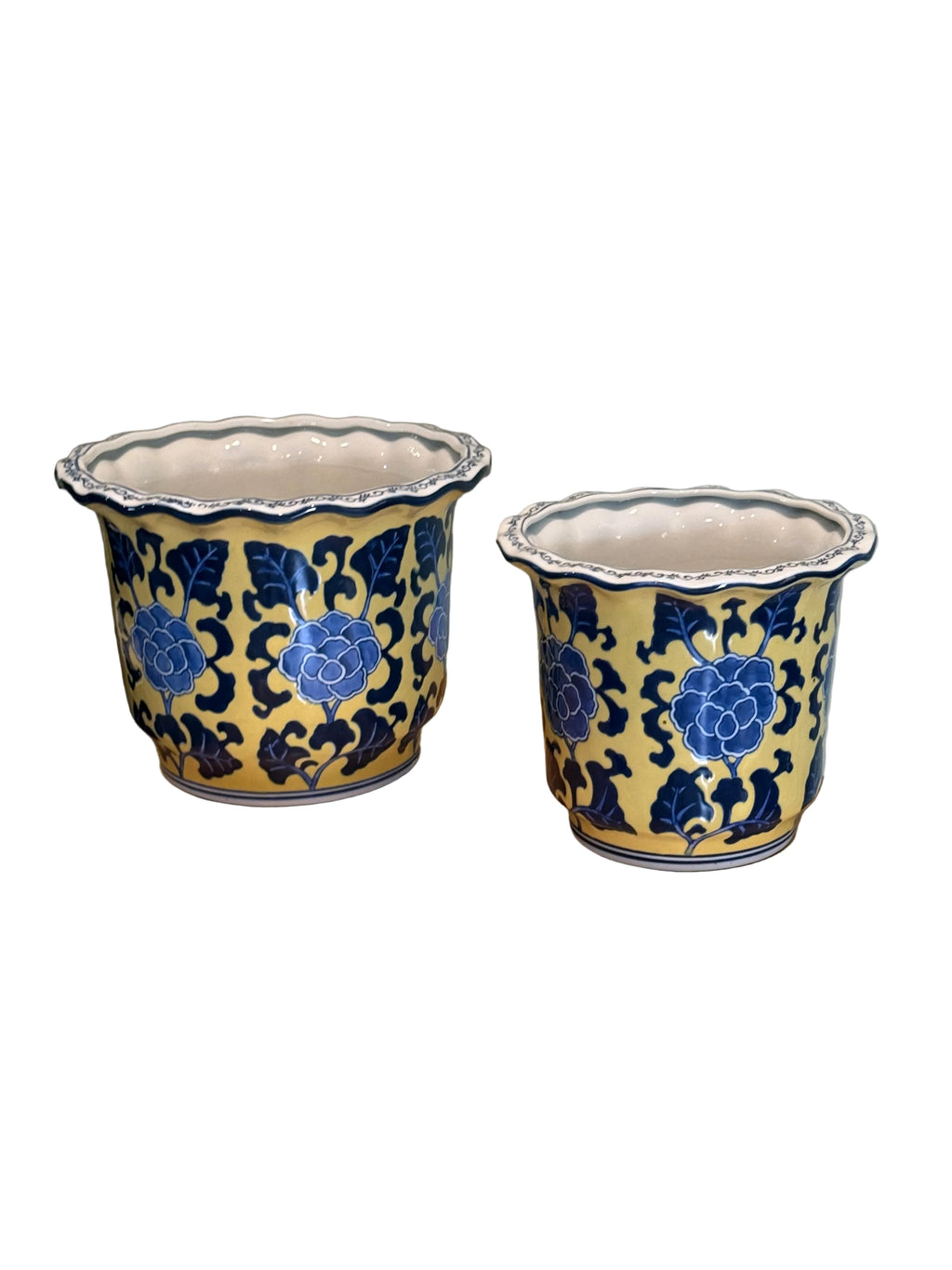 Late 20th Century Matching Pair of Yellow and Blue Chinoiserie Cachepot / Planters
