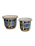 Late 20th Century Matching Pair of Yellow and Blue Chinoiserie Cachepot / Planters