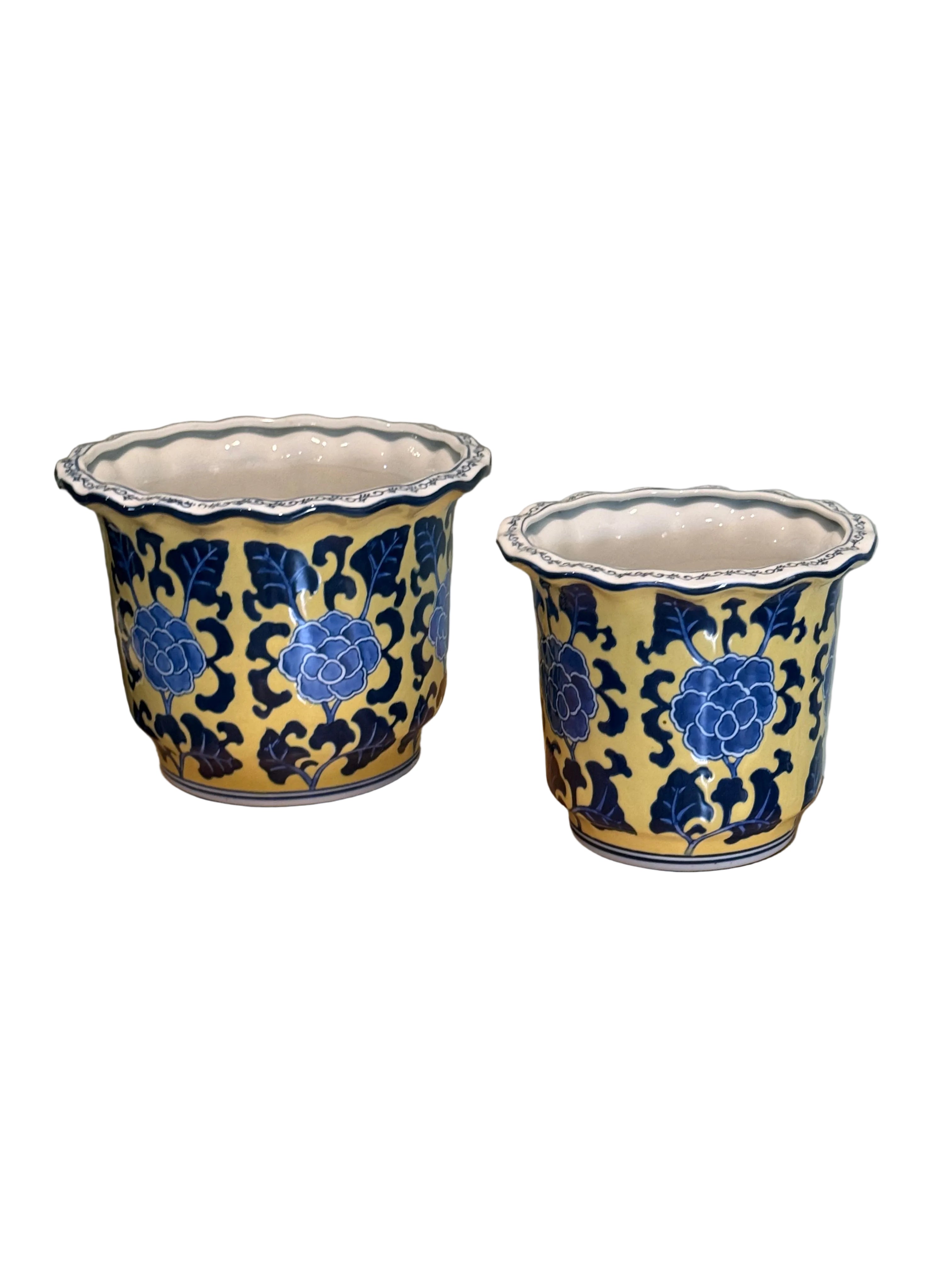 Late 20th Century Matching Pair of Yellow and Blue Chinoiserie Cachepot / Planters