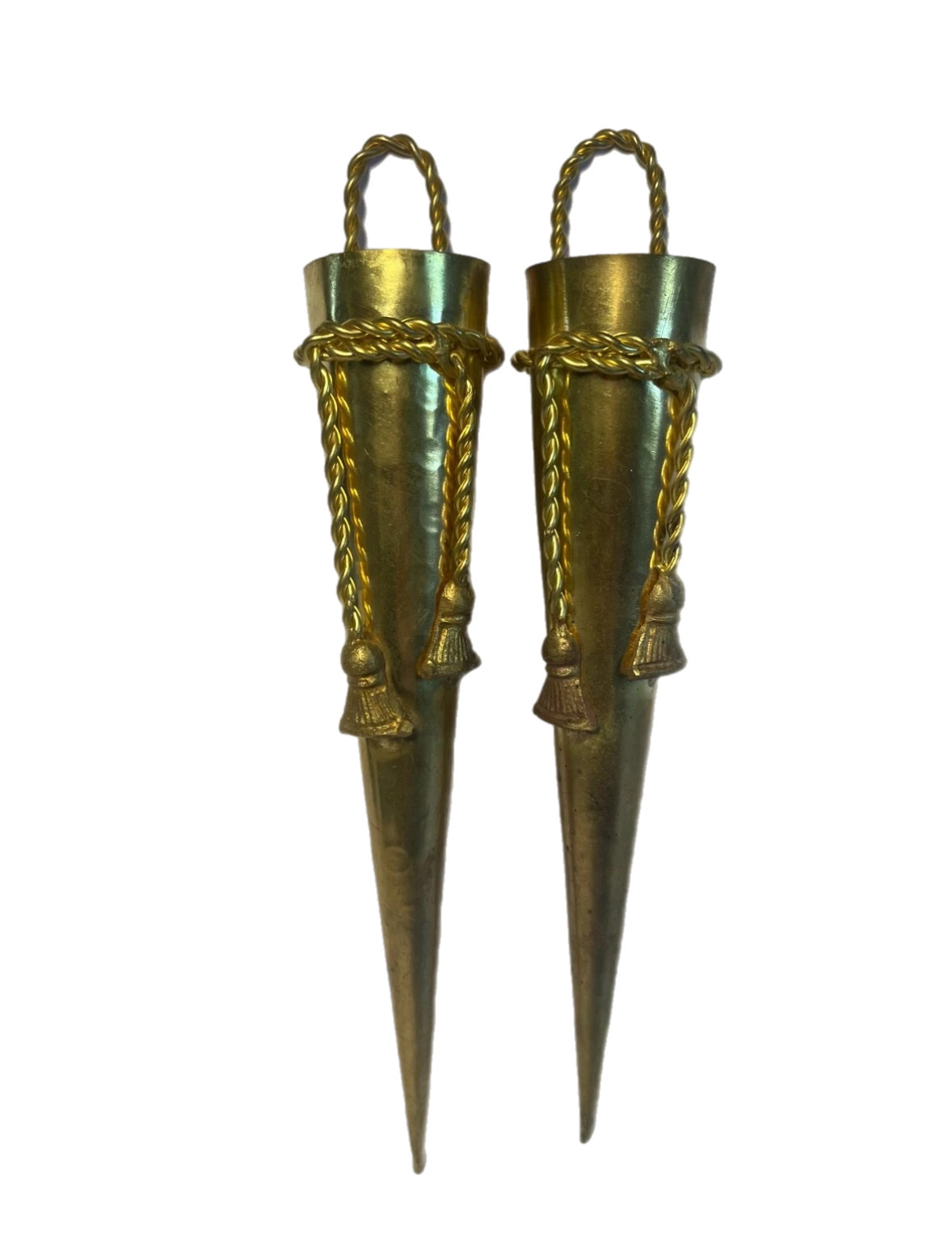 Late 20th Century Pair of Hollywood Regency Style Indian Brass Posey Wall Vases With Tassel Detail