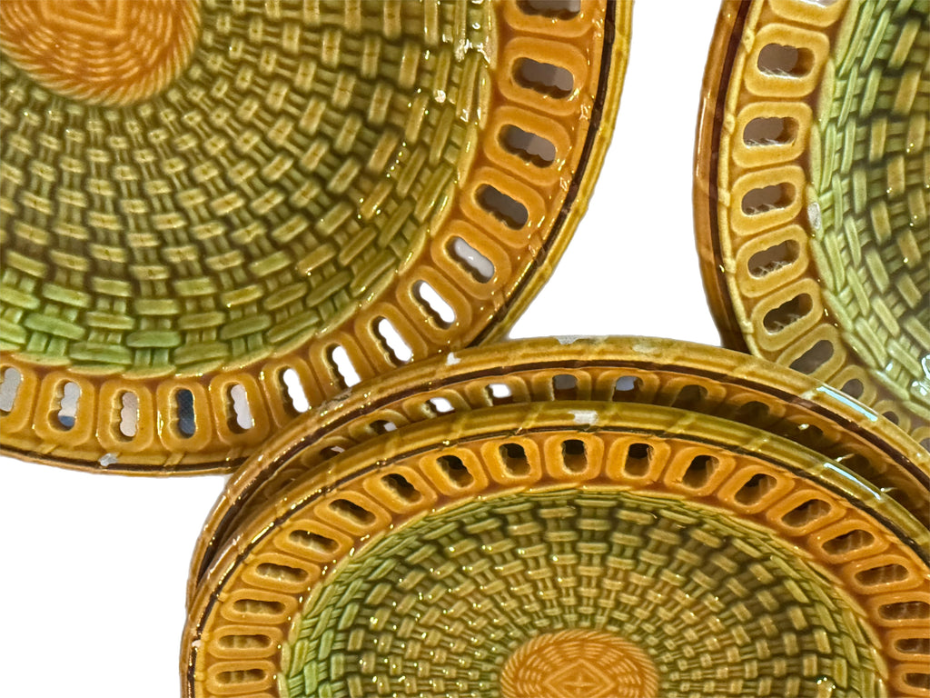 Antique 19th Century English Majolica Basketweave Dessert Service by Wittman & Roth, London (13 pcs)