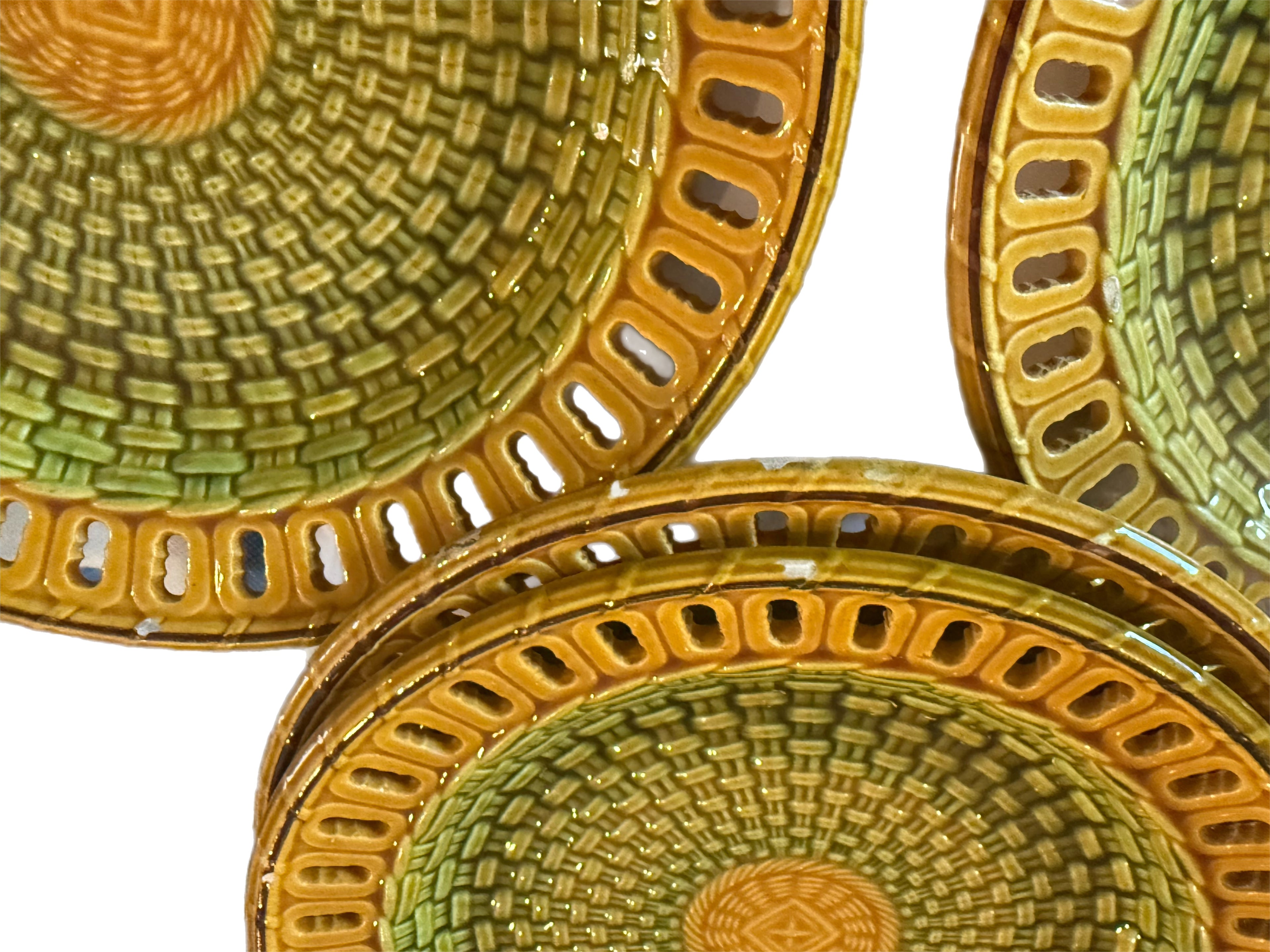 Antique 19th Century English Majolica Basketweave Dessert Service by Wittman & Roth, London (13 pcs)