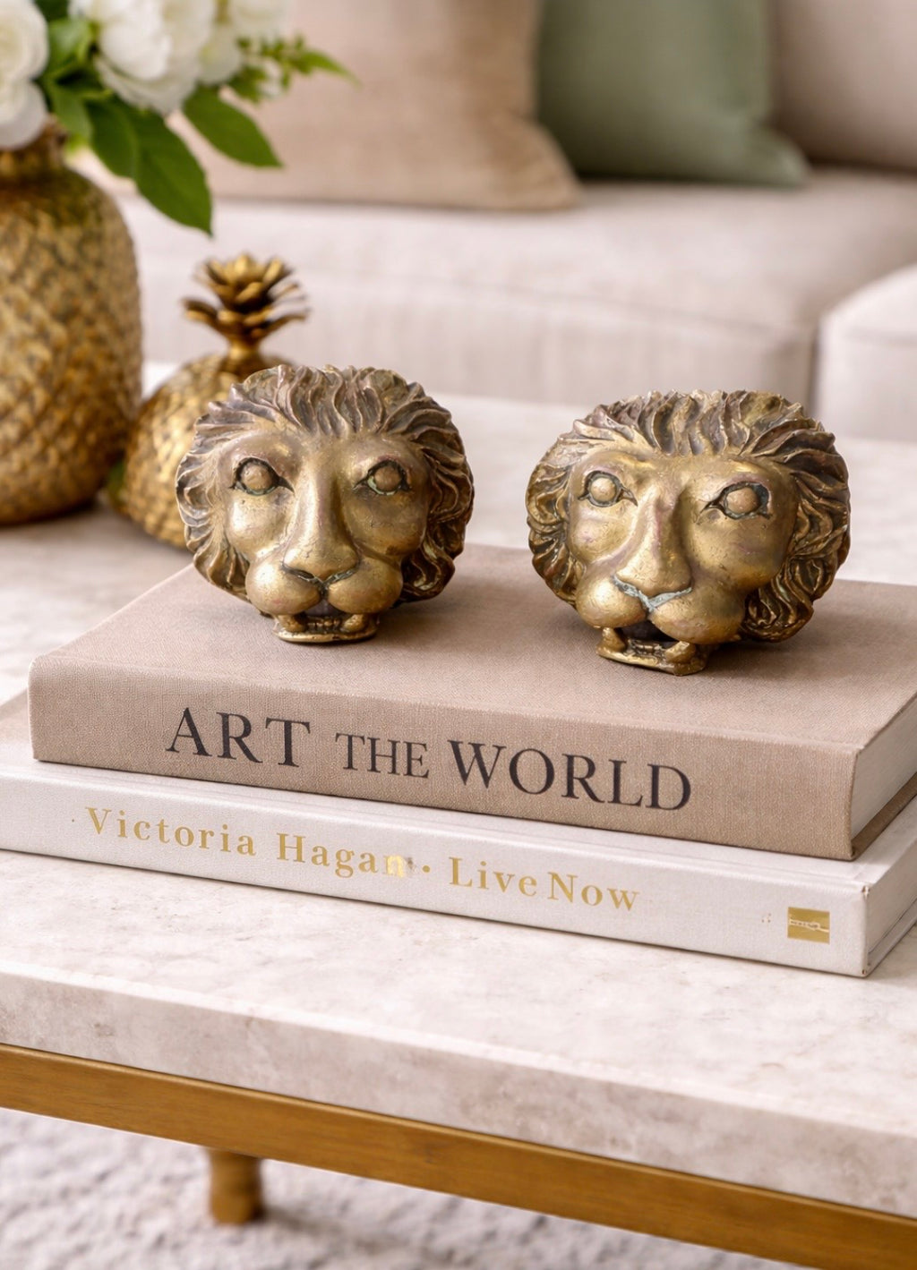 Pair of Vintage Gilt Lion Head Sculptures, Italian Neoclassical Style
