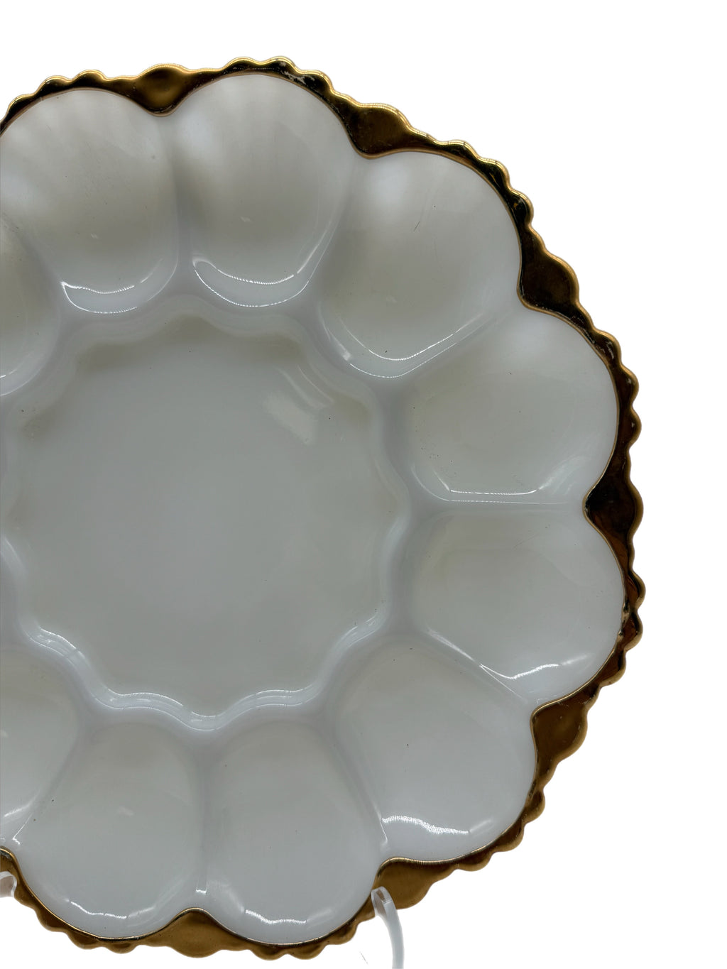 Mid-Century Anchor Hocking Fire King Milk Glass Deviled Egg Plate Pair, rimmed in 22kt Gold
