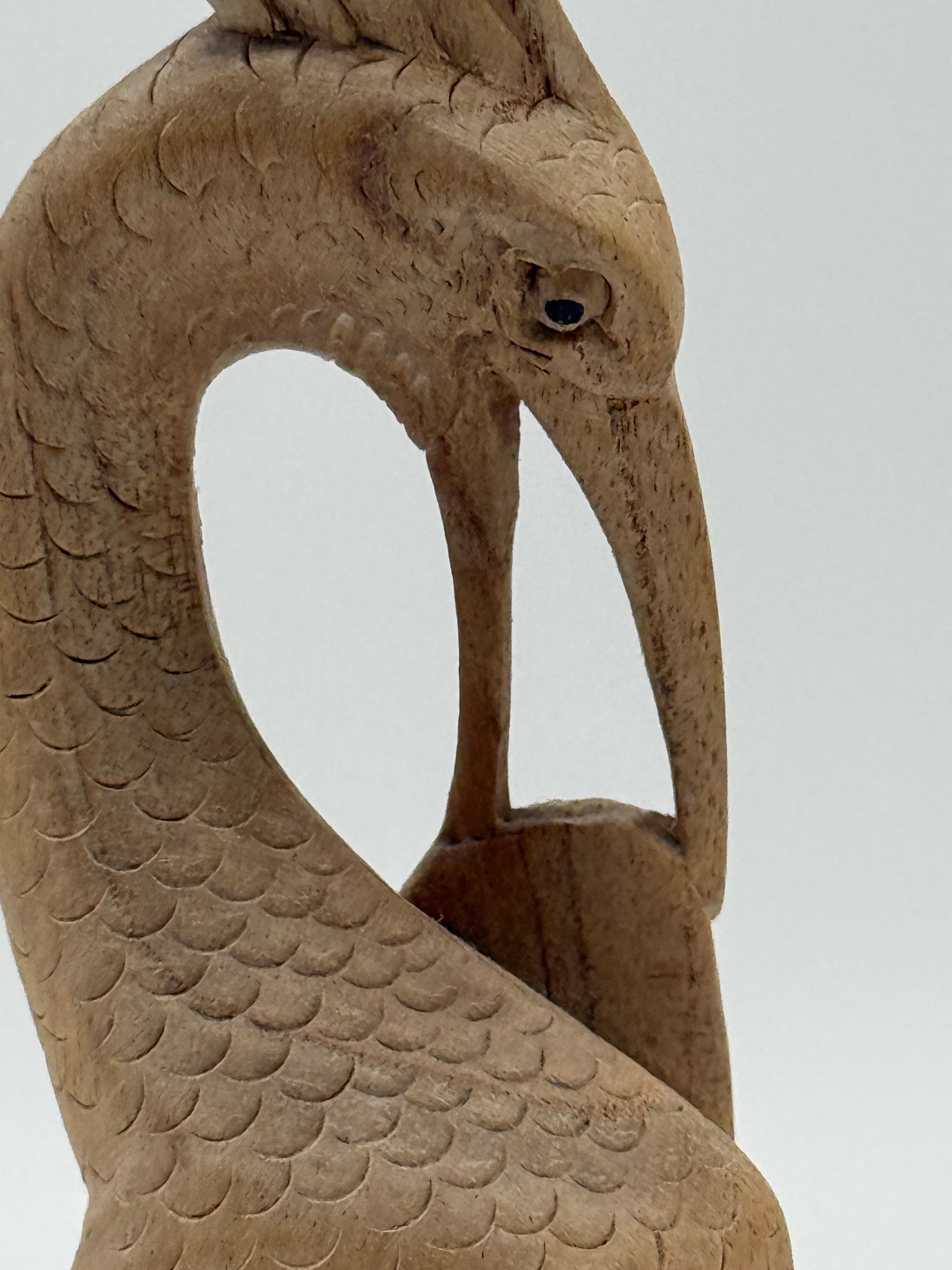 Late 20th Century Signed Montserrat Hand-Carved Wooden Crane Sculpture, 8.5”