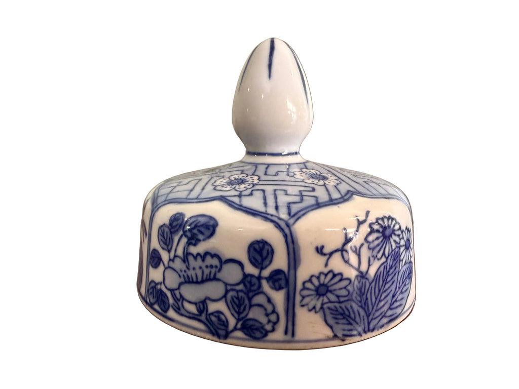 Large Vintage Baluster Form Blue and White Honeycomb Chinoiserie Vase With Fitted Lid