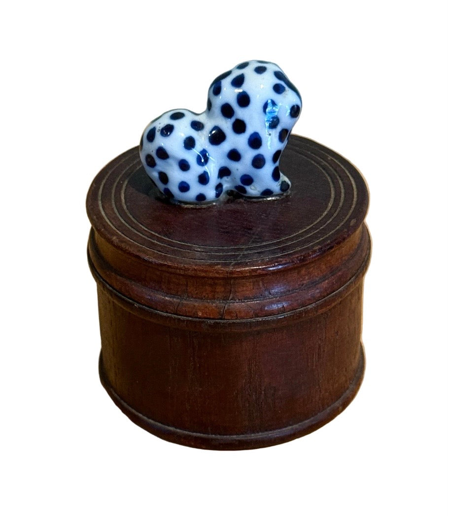 Thai Wood Round Box with Porcelain Spotted Spaniel Finial