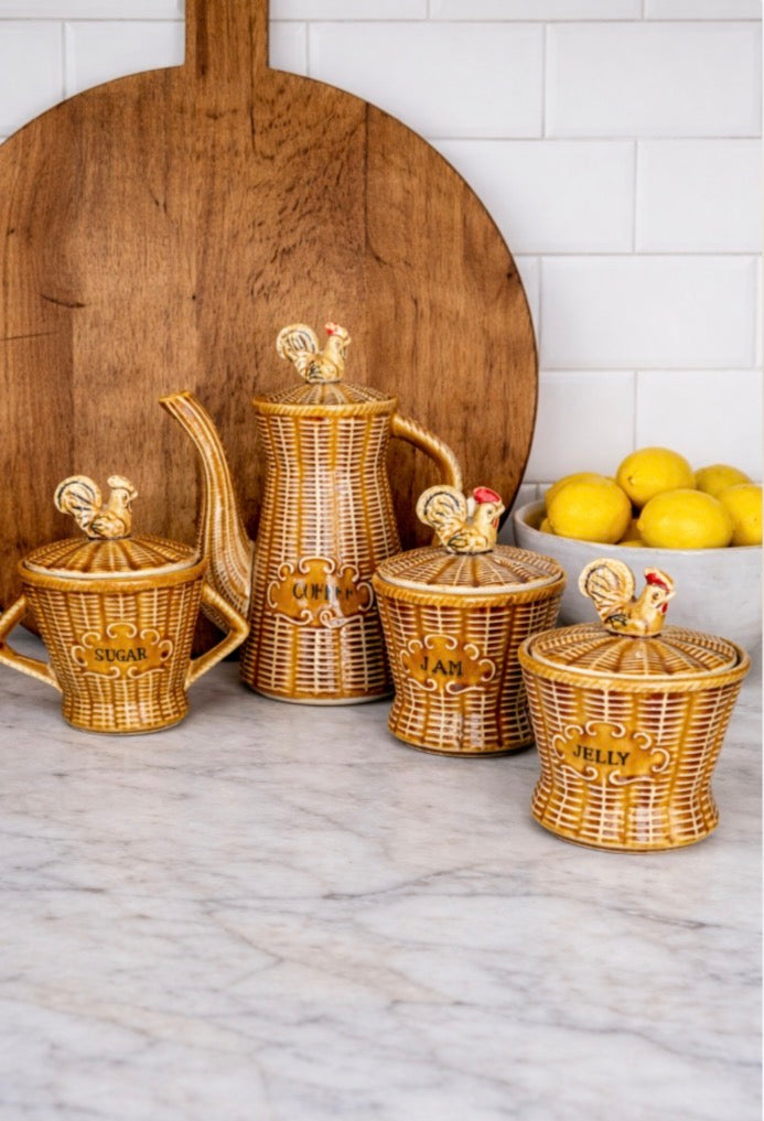Vintage Majolica Rooster Basketweave Breakfast Set, 4 Pieces