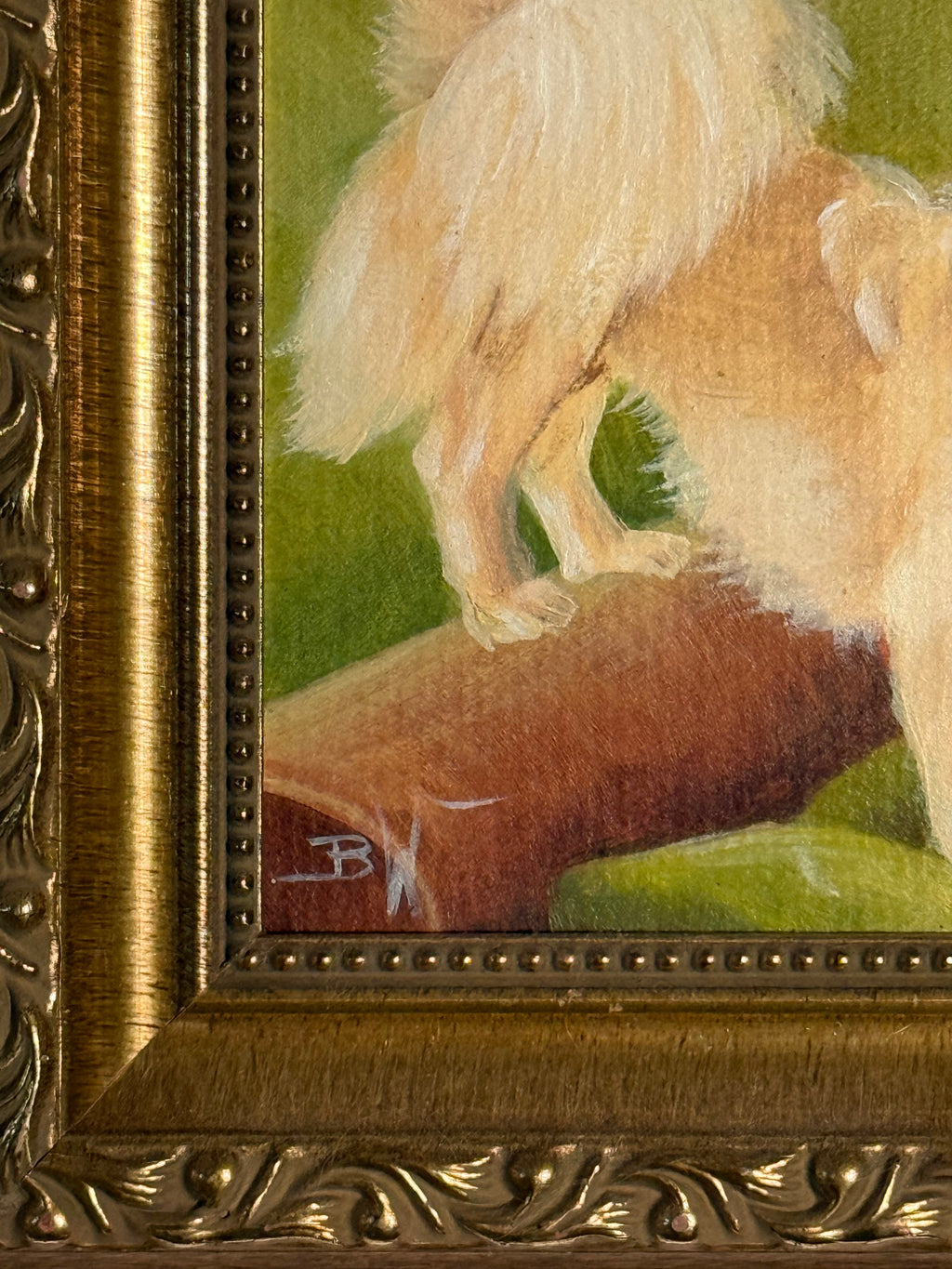 Late 20th Century Small Gold Framed Pekingese Dog Oil Painting, Signed