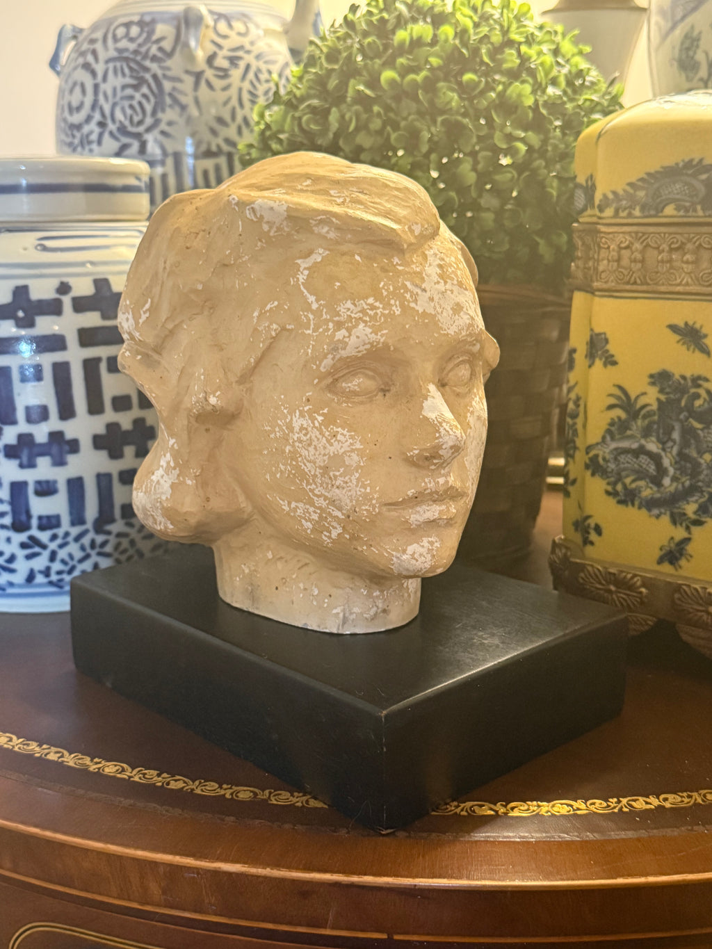 Elegant Vintage Plaster Bust of Woman on Black Wood Base