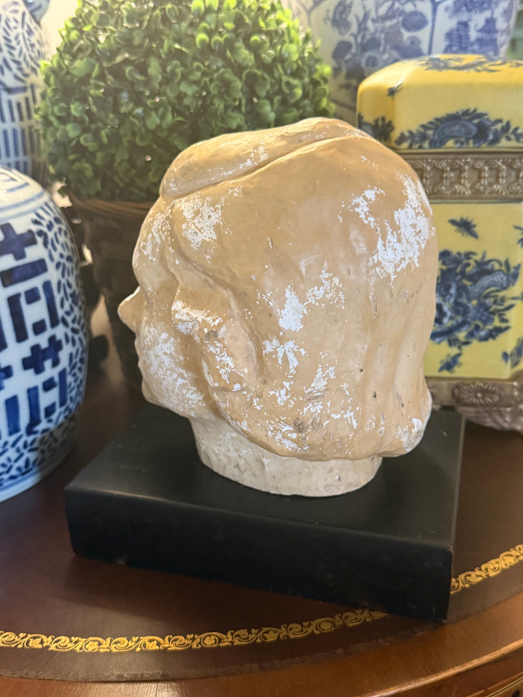 Elegant Vintage Plaster Bust of Woman on Black Wood Base