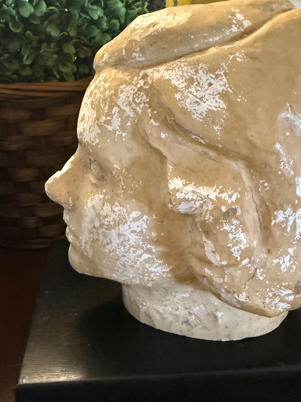 Elegant Vintage Plaster Bust of Woman on Black Wood Base
