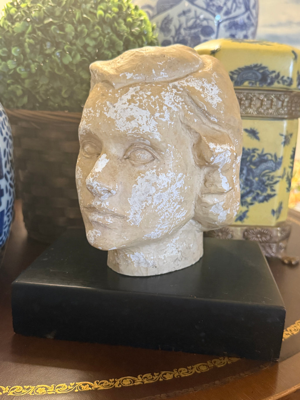 Elegant Vintage Plaster Bust of Woman on Black Wood Base